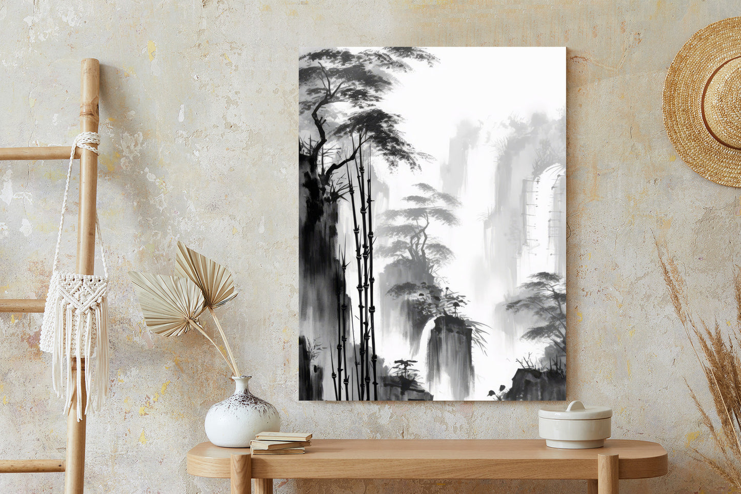 Poster Berglandschaft Mit Wasserfall Und Hohen Bambusbäumen Rahmen Holz Mit Passepartout Farbe Natürlich