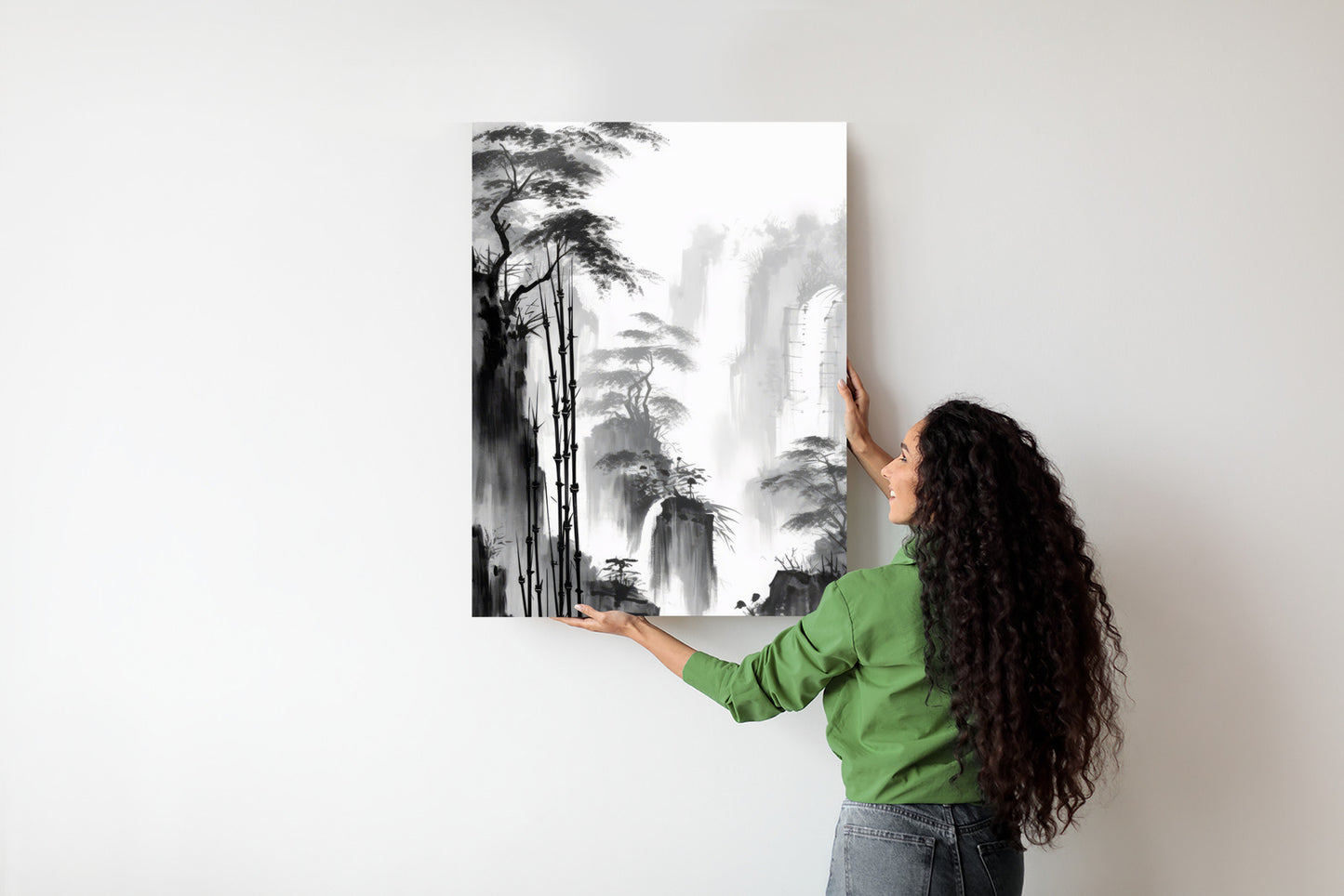 Poster Berglandschaft Mit Wasserfall Und Hohen Bambusbäumen Rahmen Holz Mit Passepartout Farbe Natürlich