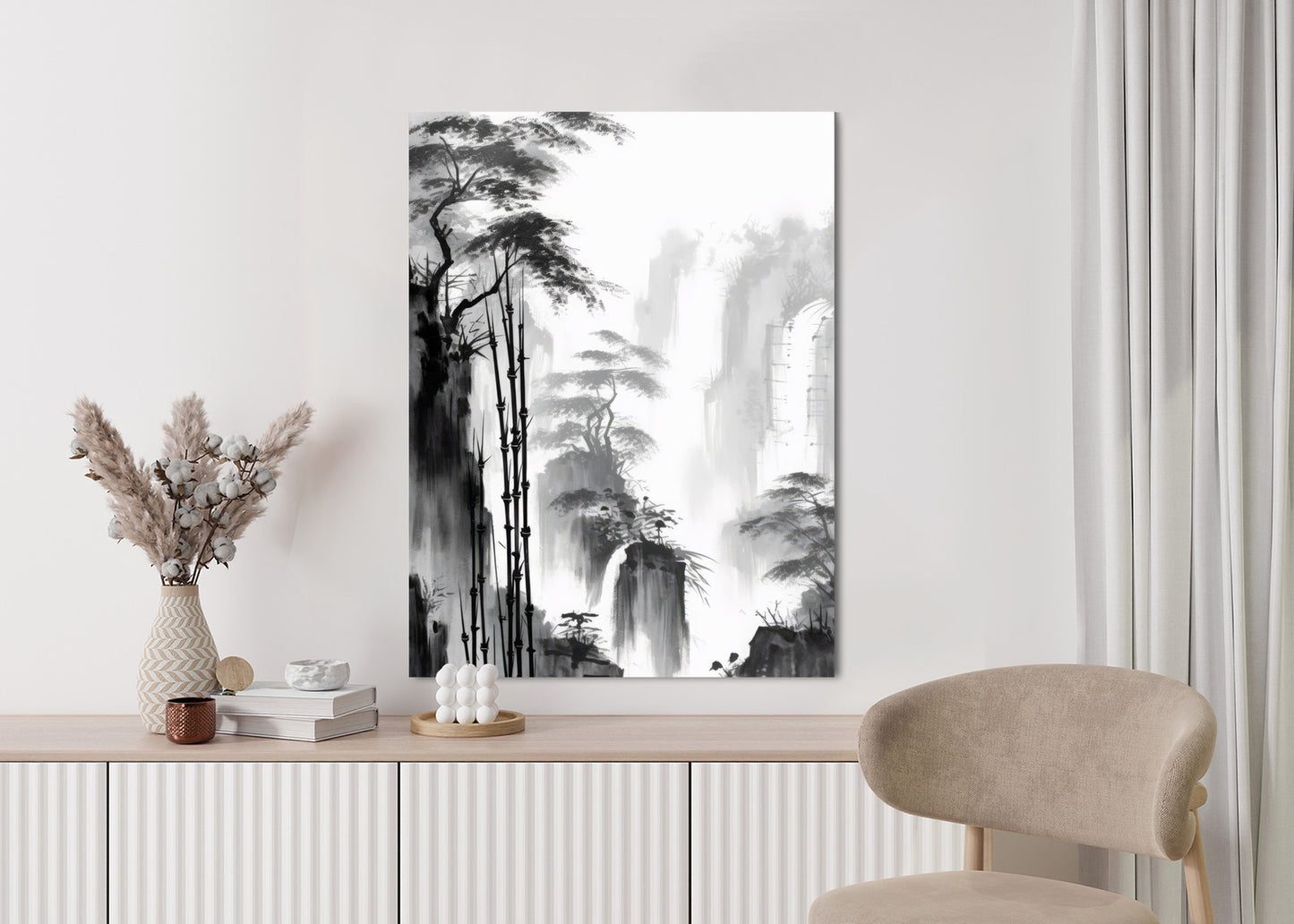 Poster Berglandschaft Mit Wasserfall Und Hohen Bambusbäumen Rahmen Holz Mit Passepartout Farbe Natürlich
