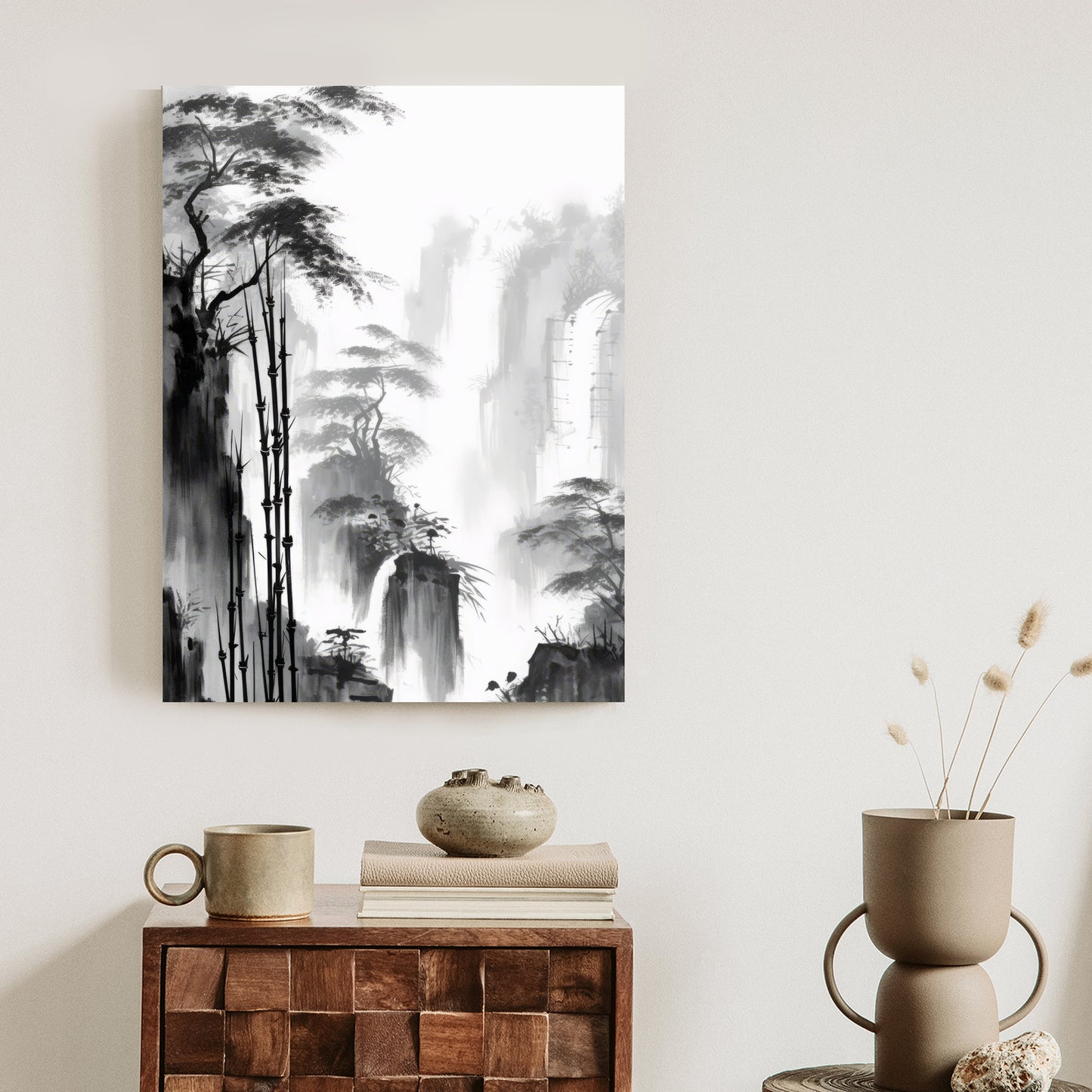 Poster Berglandschaft Mit Wasserfall Und Hohen Bambusbäumen Rahmen Holz Mit Passepartout Farbe Natürlich