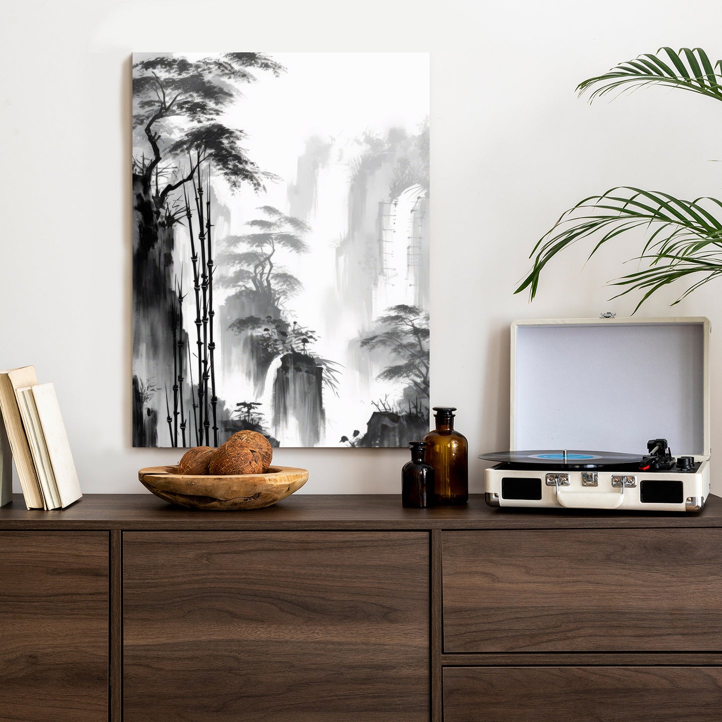 Poster Berglandschaft Mit Wasserfall Und Hohen Bambusbäumen Rahmen Holz Mit Passepartout Farbe Natürlich