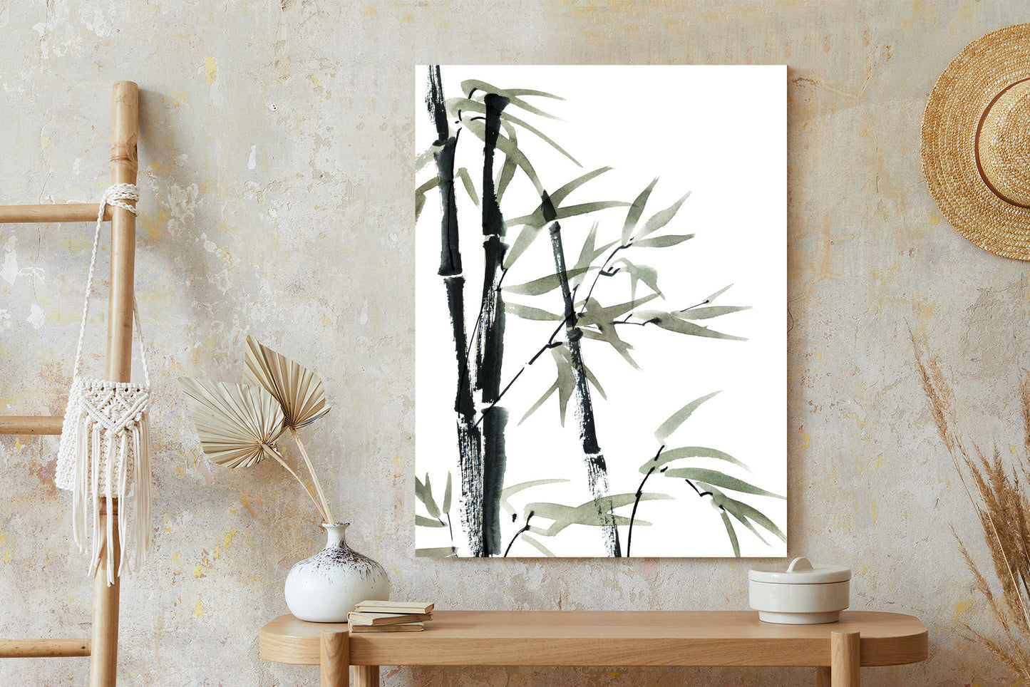 Poster Aquarell Bambus Und Blätter Rahmen Holz Mit Passepartout Farbe Natürlich