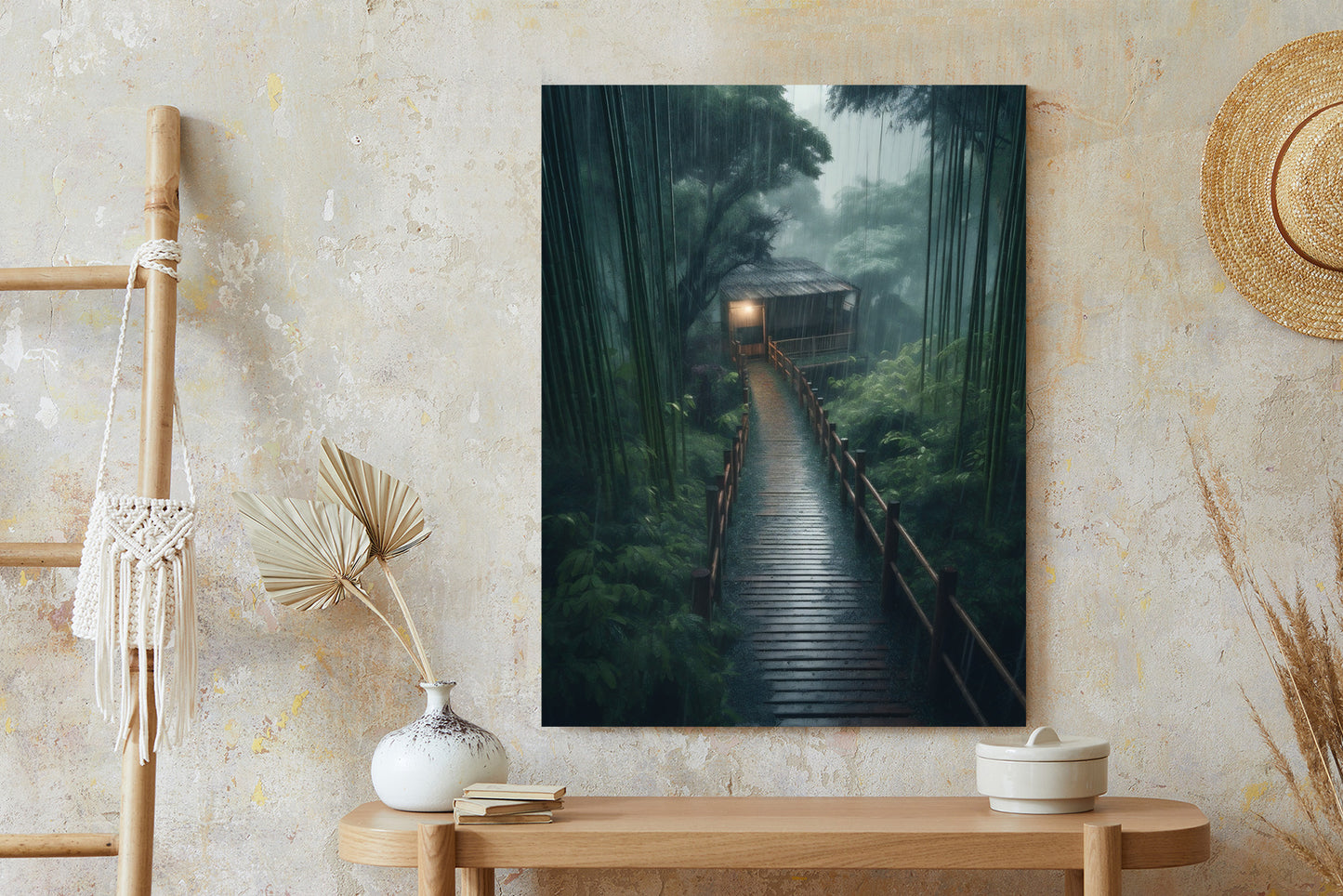 Poster Bambuswald Mit Bambushaus Rahmen Holz Mit Passepartout Farbe Natürlich