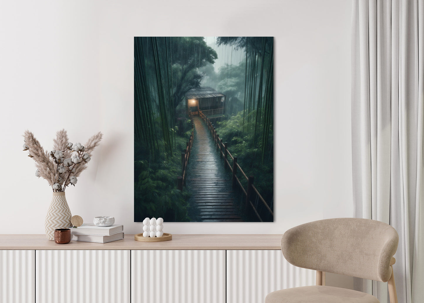 Poster Bambuswald Mit Bambushaus Rahmen Holz Mit Passepartout Farbe Natürlich