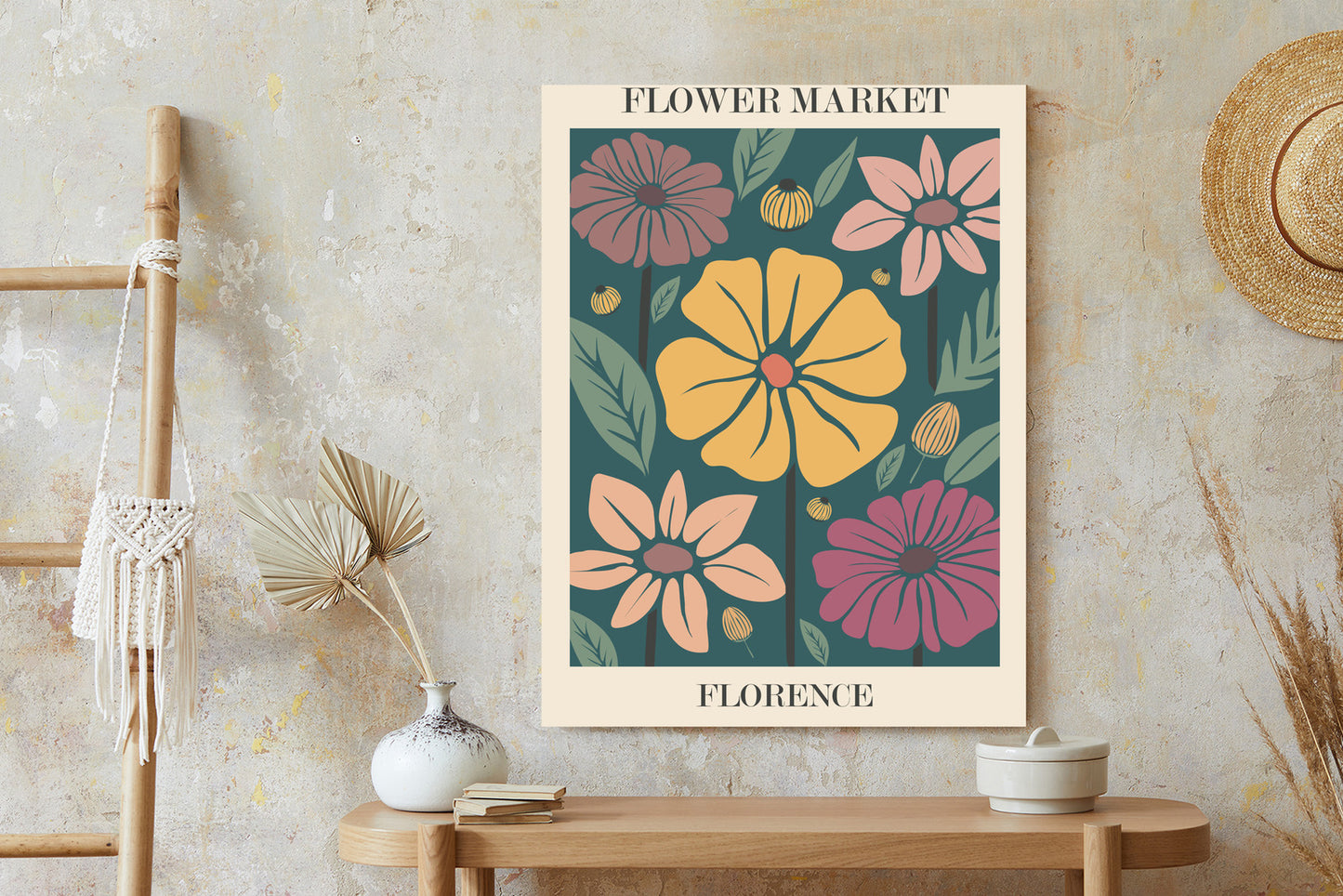 Poster Blumenmarkt In Florenz Rahmen Holz Mit Passepartout Farbe Natürlich