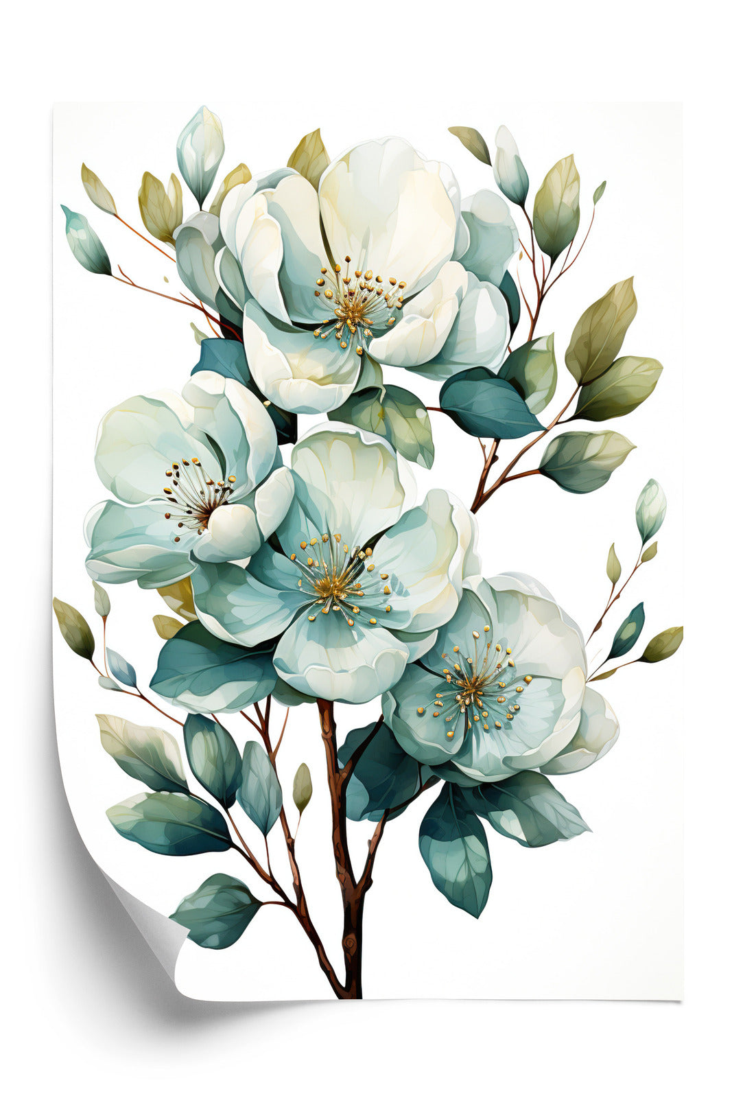Poster Ein Strauß Weißer Blumen Rahmen Holz Mit Passepartout Farbe Natürlich