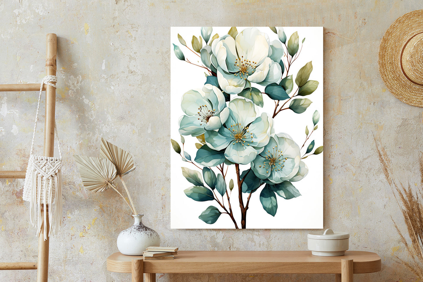 Poster Ein Strauß Weißer Blumen Rahmen Holz Mit Passepartout Farbe Natürlich
