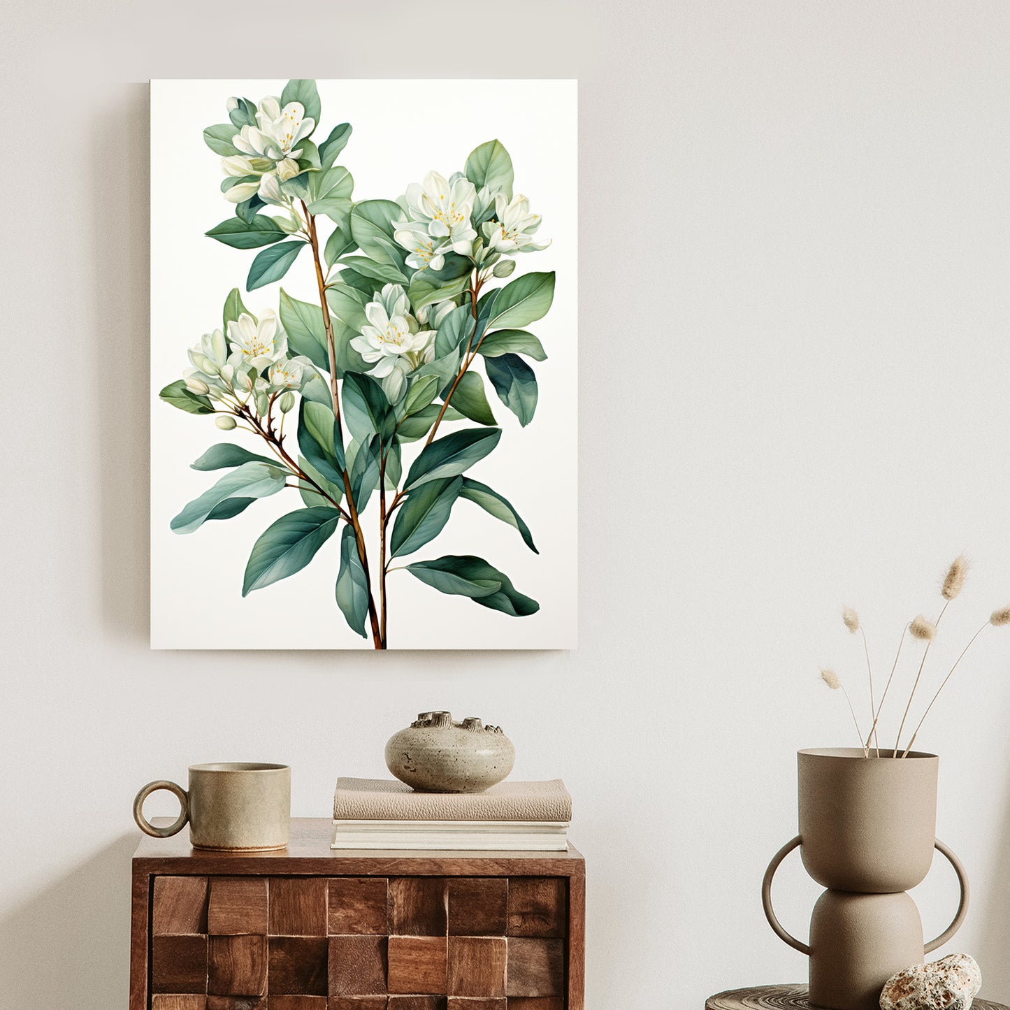 Poster Weiße Blüten Auf Einem Zweig Rahmen Holz Mit Passepartout Farbe Natürlich