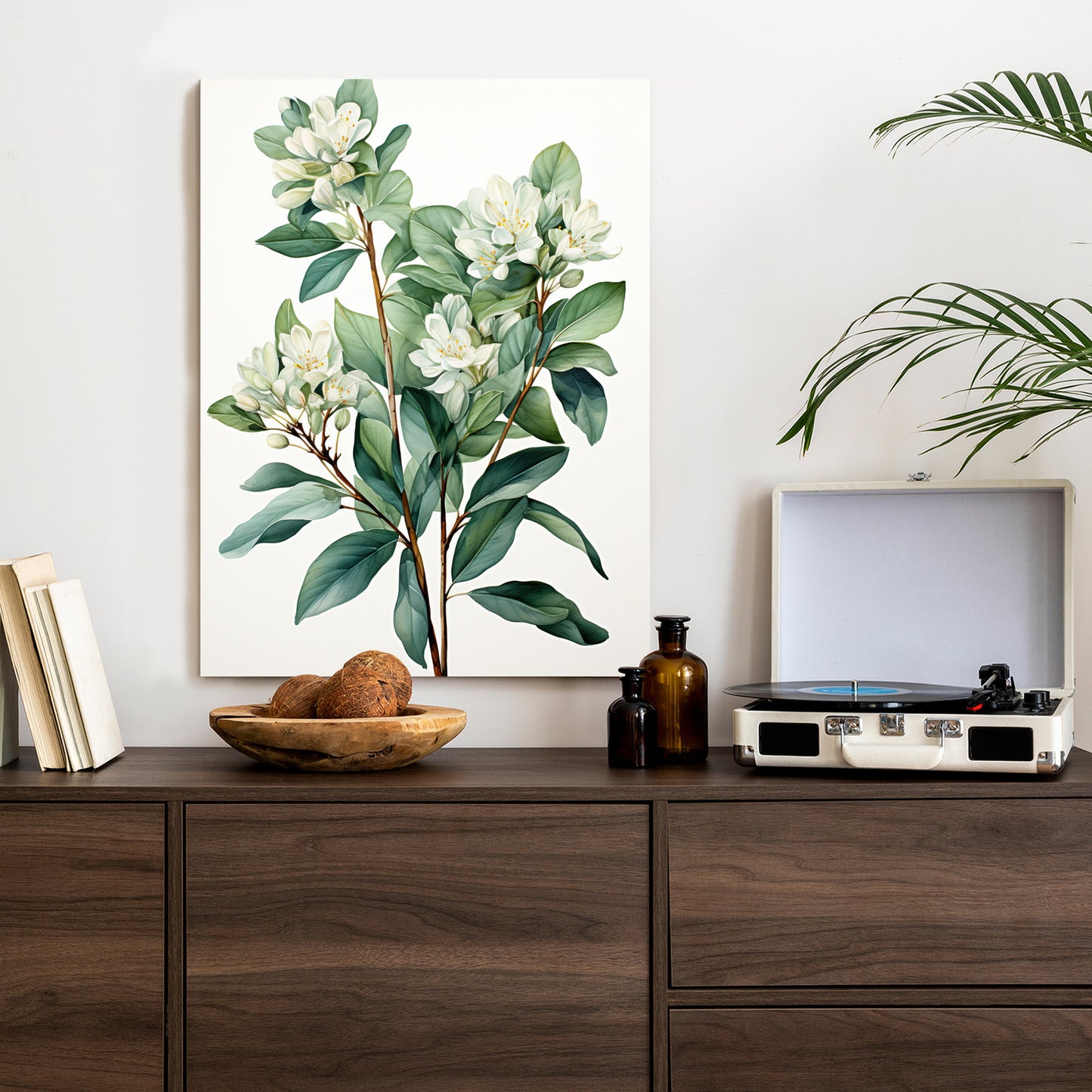 Poster Weiße Blüten Auf Einem Zweig Rahmen Holz Mit Passepartout Farbe Natürlich