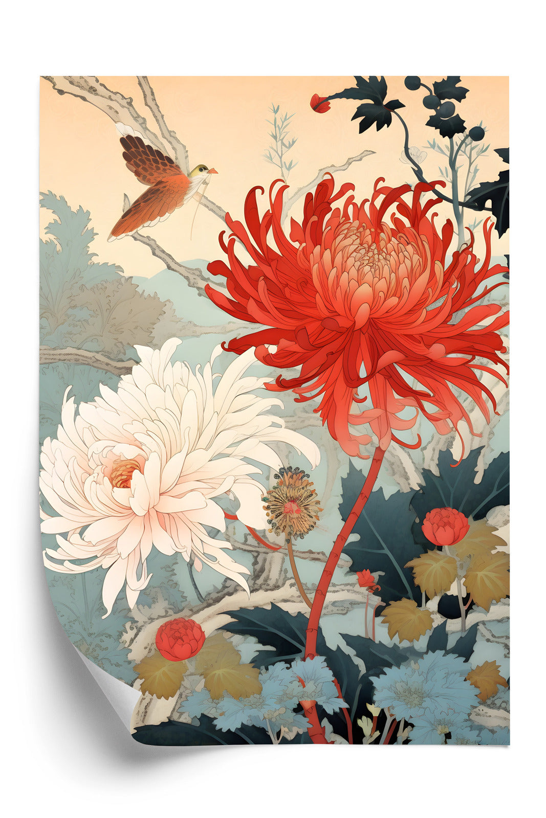 Poster Chrysanthemen Im Japanischen Stil Rahmen Holz Mit Passepartout Farbe Natürlich