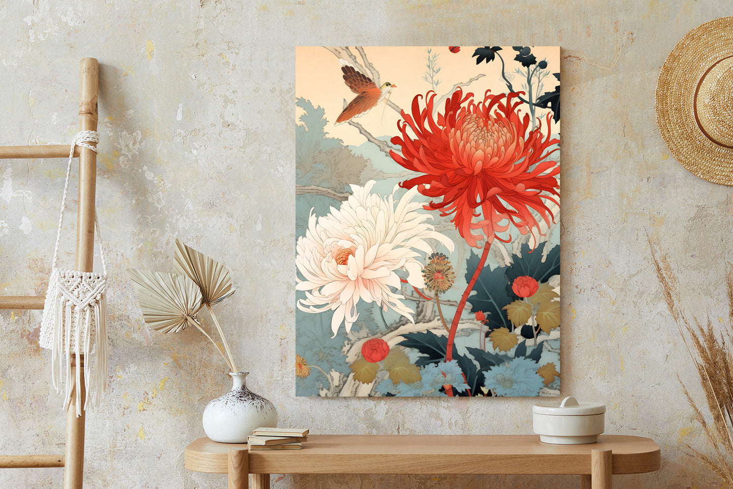 Poster Chrysanthemen Im Japanischen Stil Rahmen Holz Mit Passepartout Farbe Natürlich
