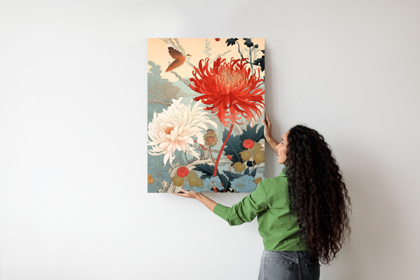 Poster Chrysanthemen Im Japanischen Stil Rahmen Holz Mit Passepartout Farbe Natürlich