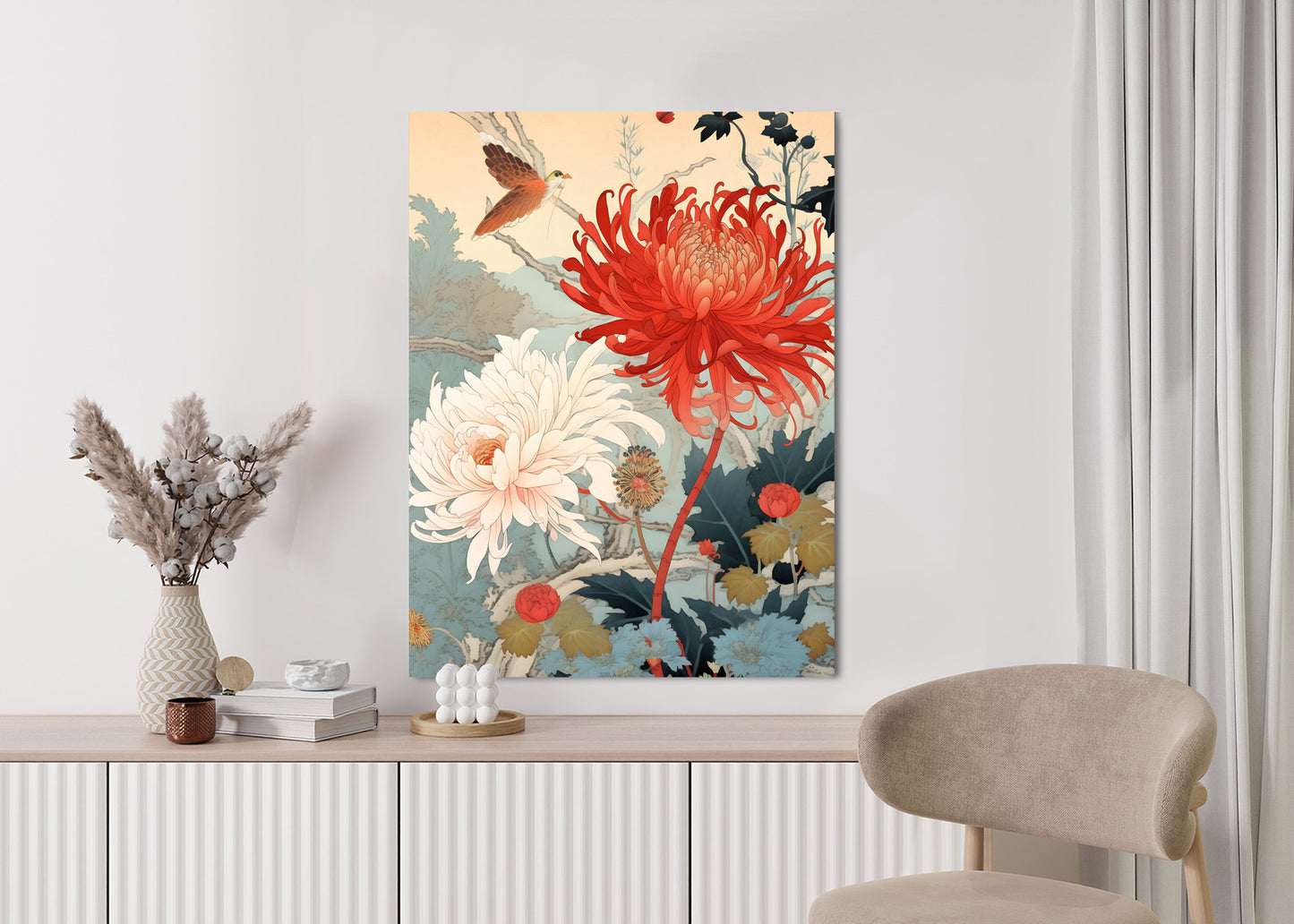 Poster Chrysanthemen Im Japanischen Stil Rahmen Holz Mit Passepartout Farbe Natürlich