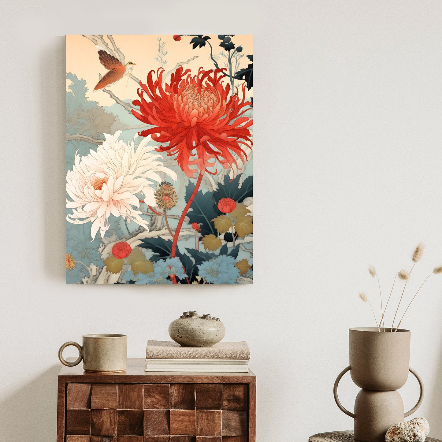 Poster Chrysanthemen Im Japanischen Stil Rahmen Holz Mit Passepartout Farbe Natürlich