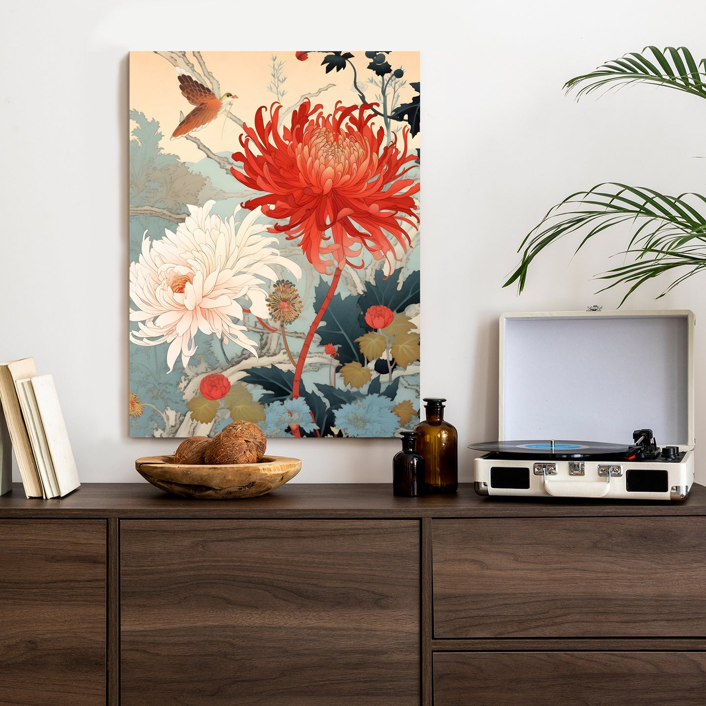 Poster Chrysanthemen Im Japanischen Stil Rahmen Holz Mit Passepartout Farbe Natürlich