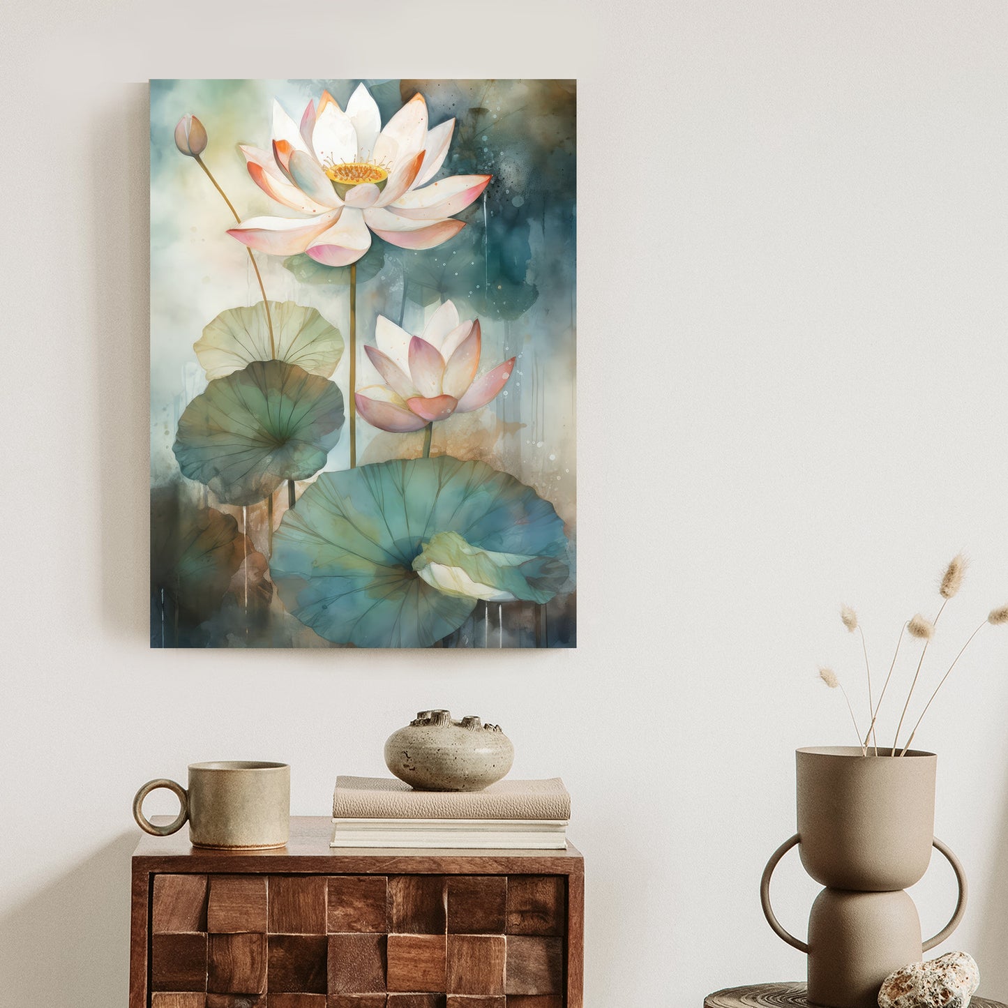 Poster Lilien Mit Großen Blättern Rahmen Holz Mit Passepartout Farbe Natürlich
