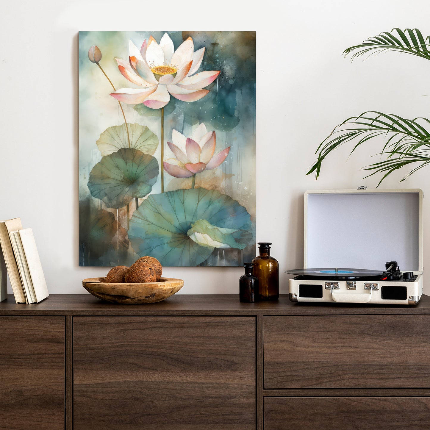 Poster Lilien Mit Großen Blättern Rahmen Holz Mit Passepartout Farbe Natürlich