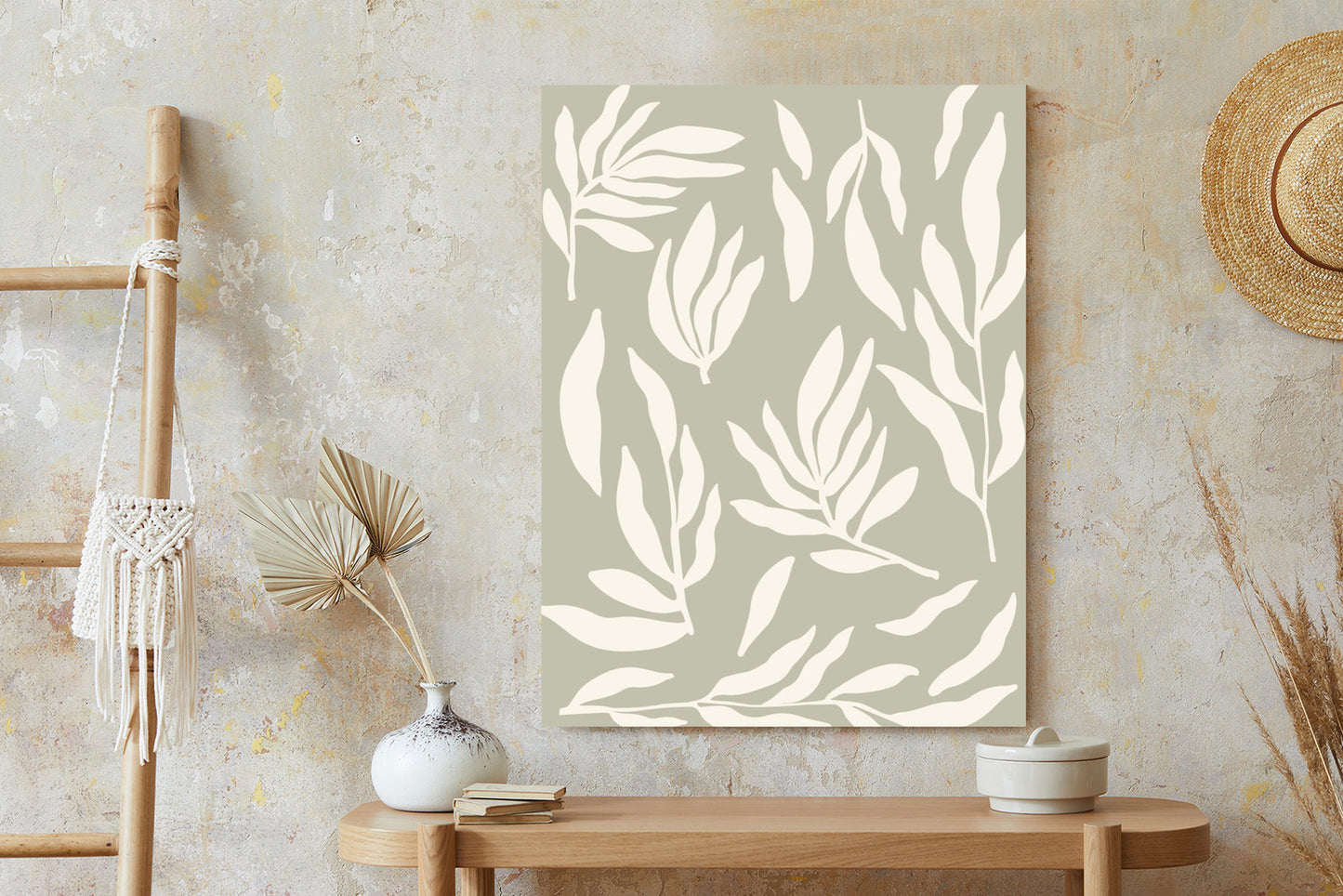 Poster Botanische Grafiken Mit Beigen Blättern Rahmen Holz Mit Passepartout Farbe Natürlich