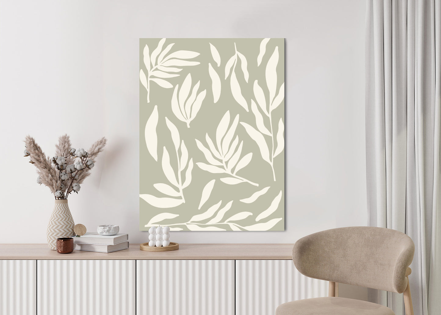 Poster Botanische Grafiken Mit Beigen Blättern Rahmen Holz Mit Passepartout Farbe Natürlich