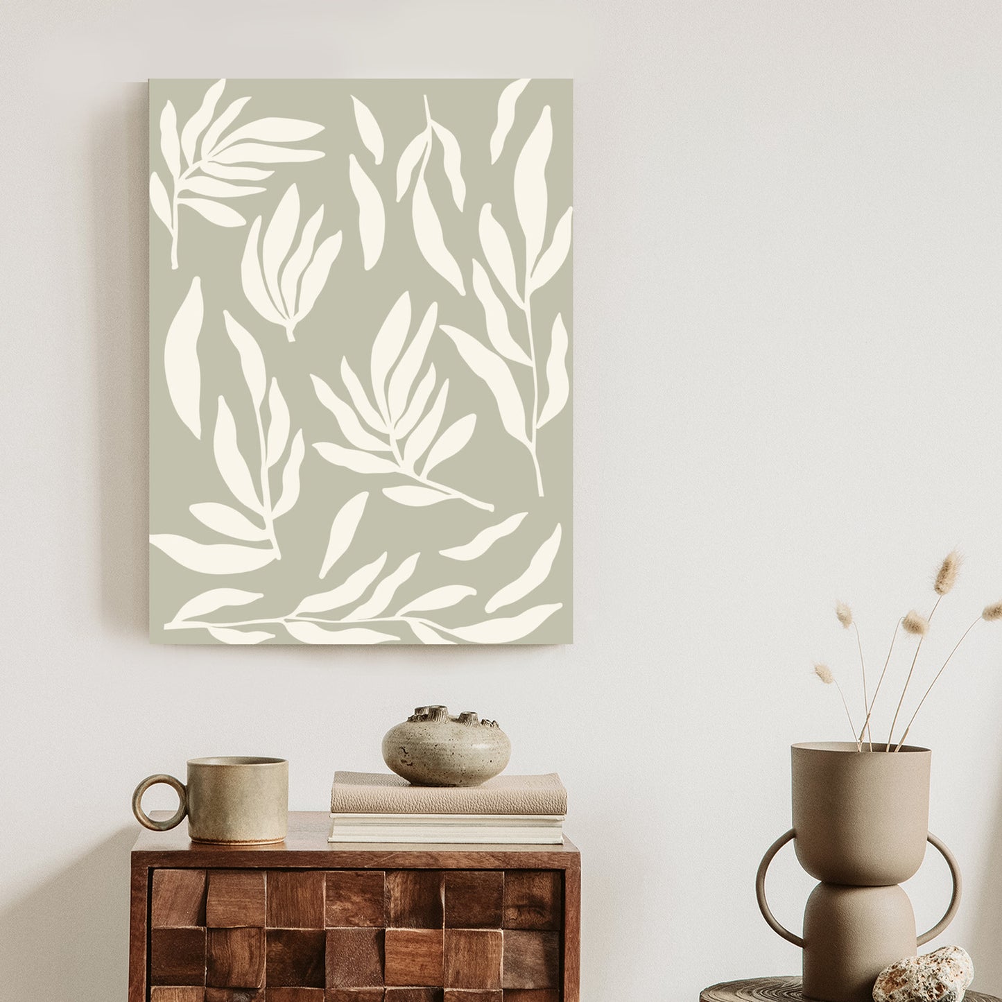 Poster Botanische Grafiken Mit Beigen Blättern Rahmen Holz Mit Passepartout Farbe Natürlich