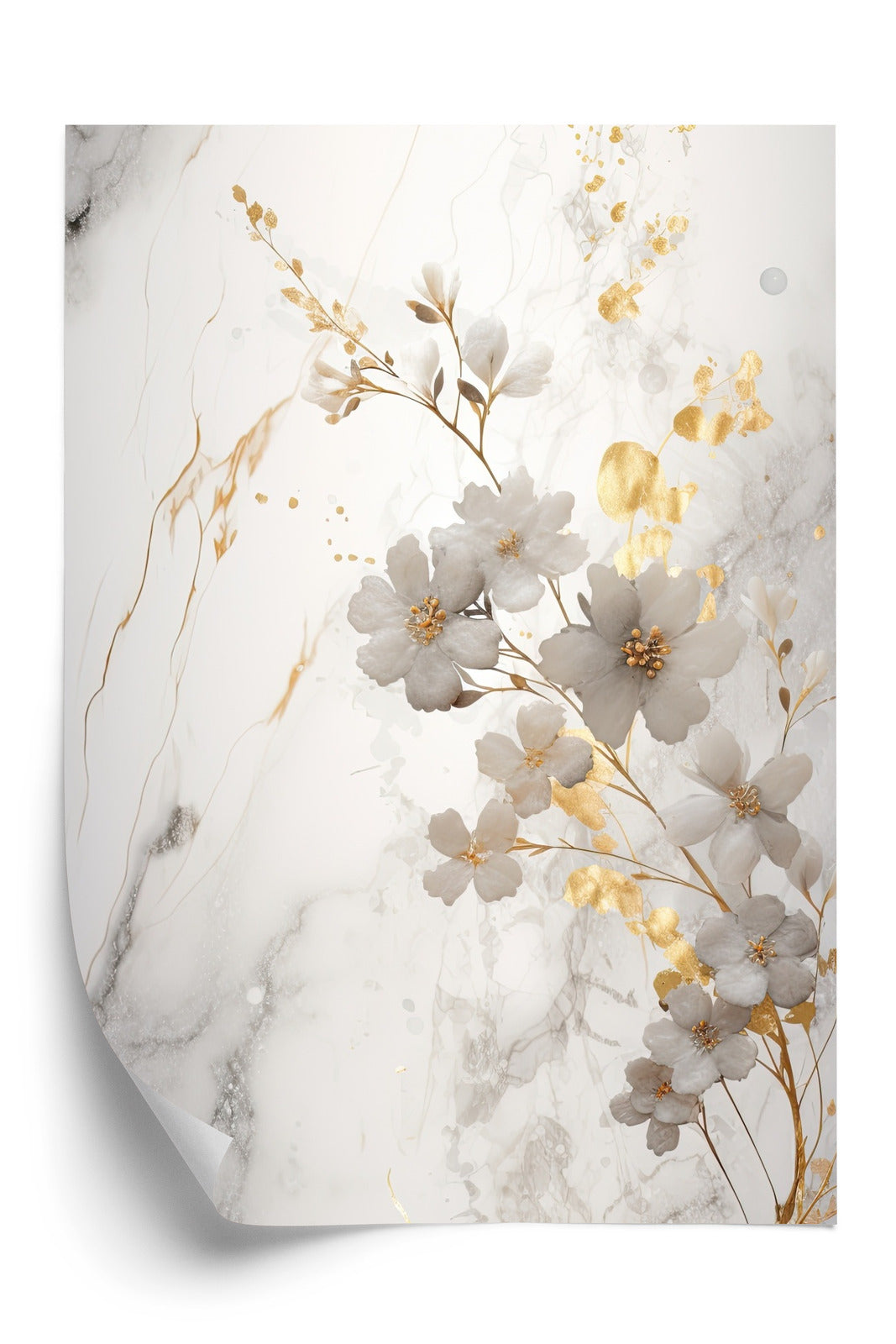 Poster Weiße Und Goldene Blumen Auf Marmor