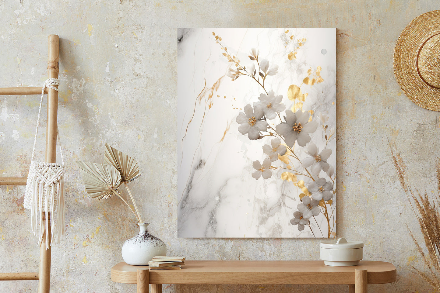 Poster Weiße Und Goldene Blumen Auf Marmor