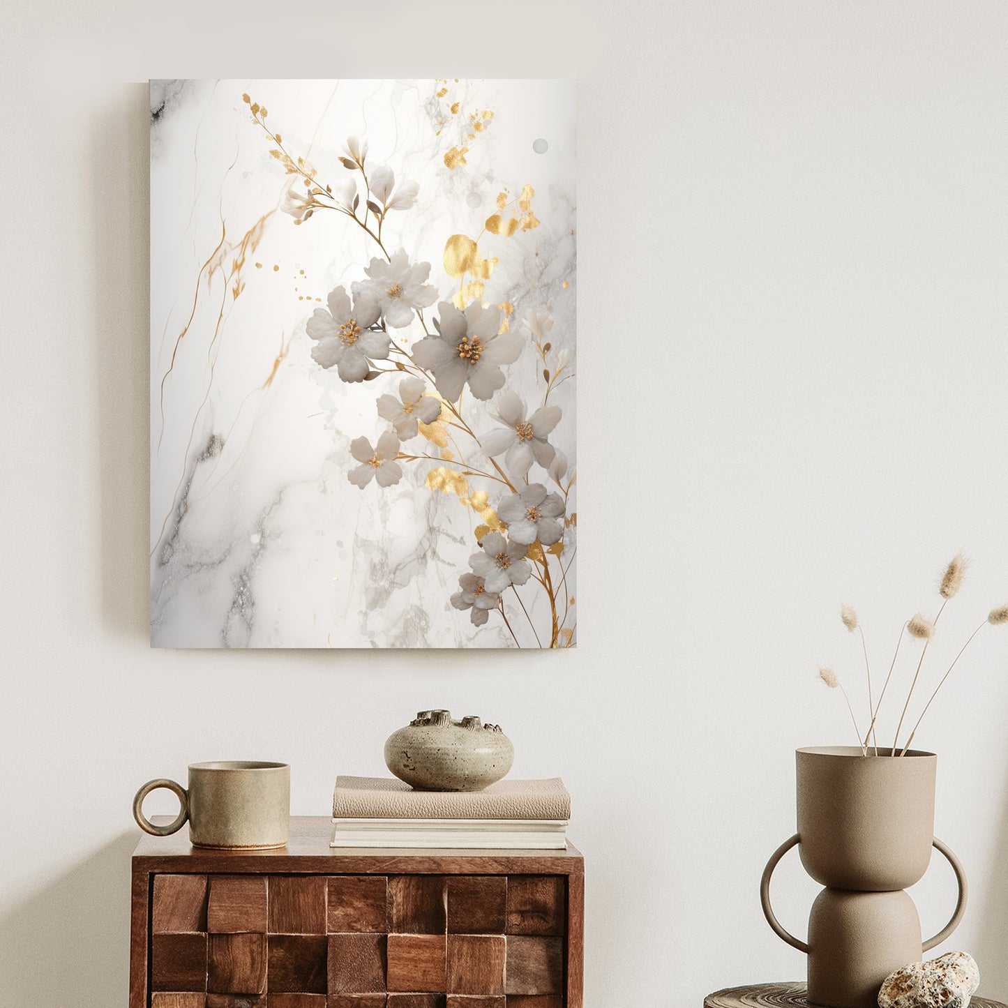 Poster Weiße Und Goldene Blumen Auf Marmor