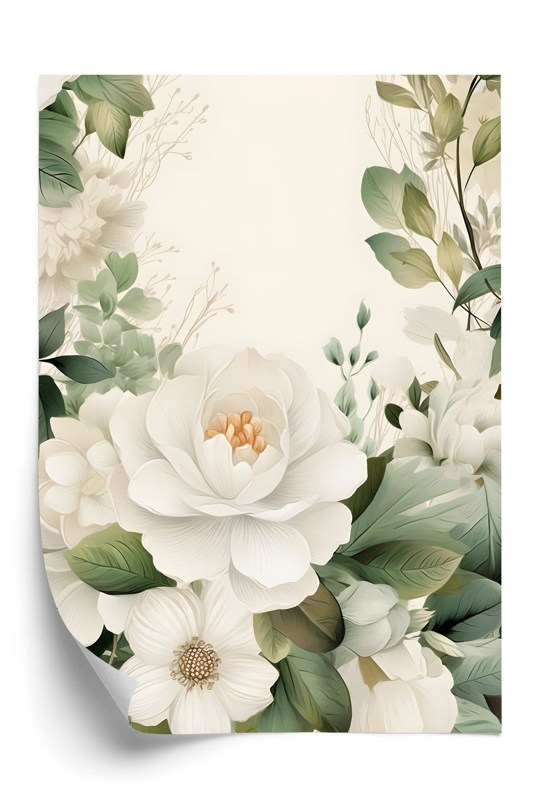 Poster Weiße Blüten Mit Grünen Blättern Rahmen Hölzern Farbe Weiß