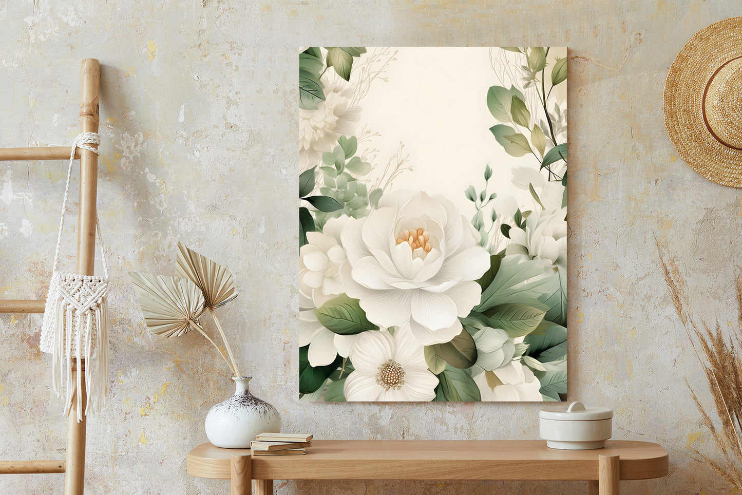 Poster Weiße Blüten Mit Grünen Blättern Rahmen Hölzern Farbe Weiß