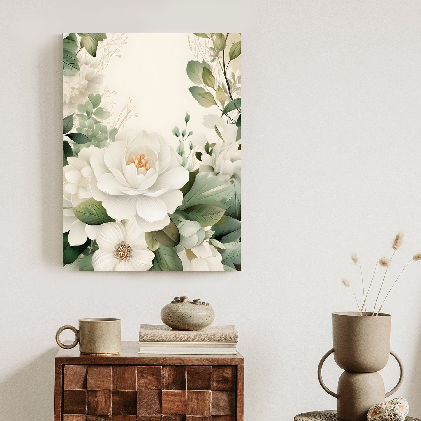 Poster Weiße Blüten Mit Grünen Blättern Rahmen Hölzern Farbe Weiß