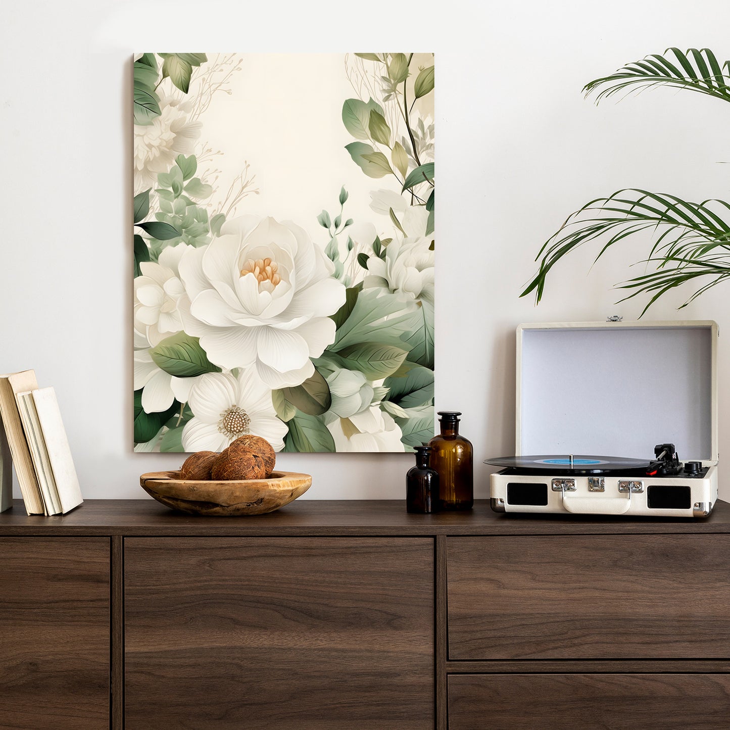 Poster Weiße Blüten Mit Grünen Blättern Rahmen Hölzern Farbe Weiß