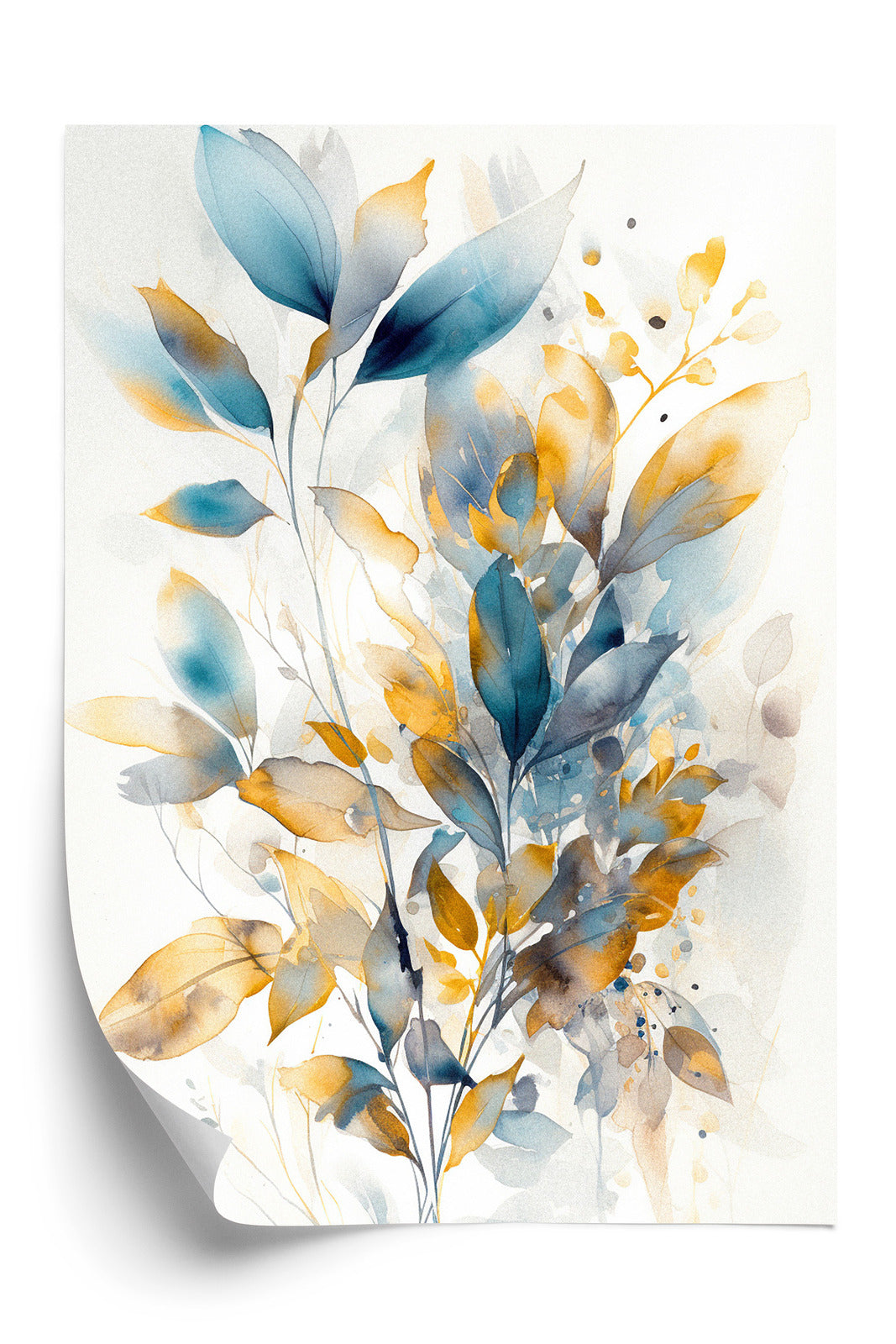 Poster Wunderschöne Transparente Goldblaue Blätter Rahmen Holz Mit Passepartout Farbe Natürlich