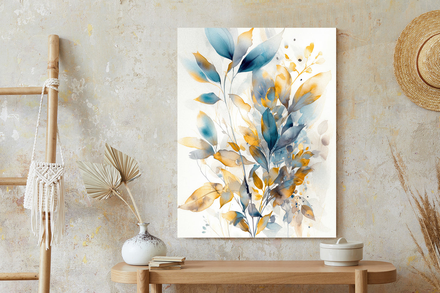 Poster Wunderschöne Transparente Goldblaue Blätter Rahmen Holz Mit Passepartout Farbe Natürlich