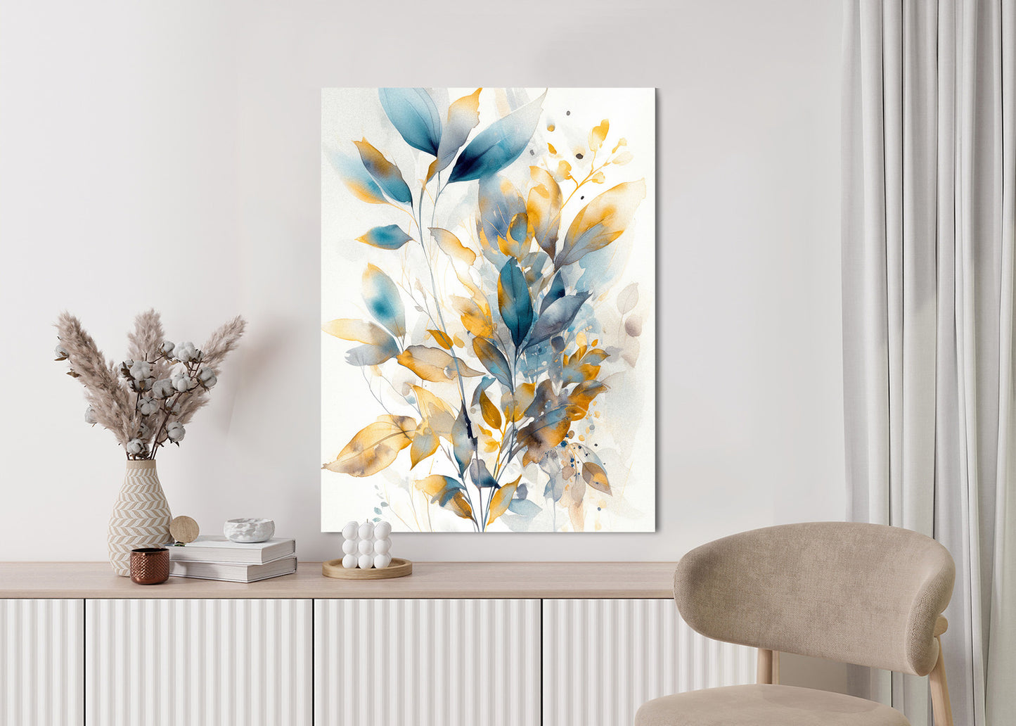 Poster Wunderschöne Transparente Goldblaue Blätter Rahmen Holz Mit Passepartout Farbe Natürlich