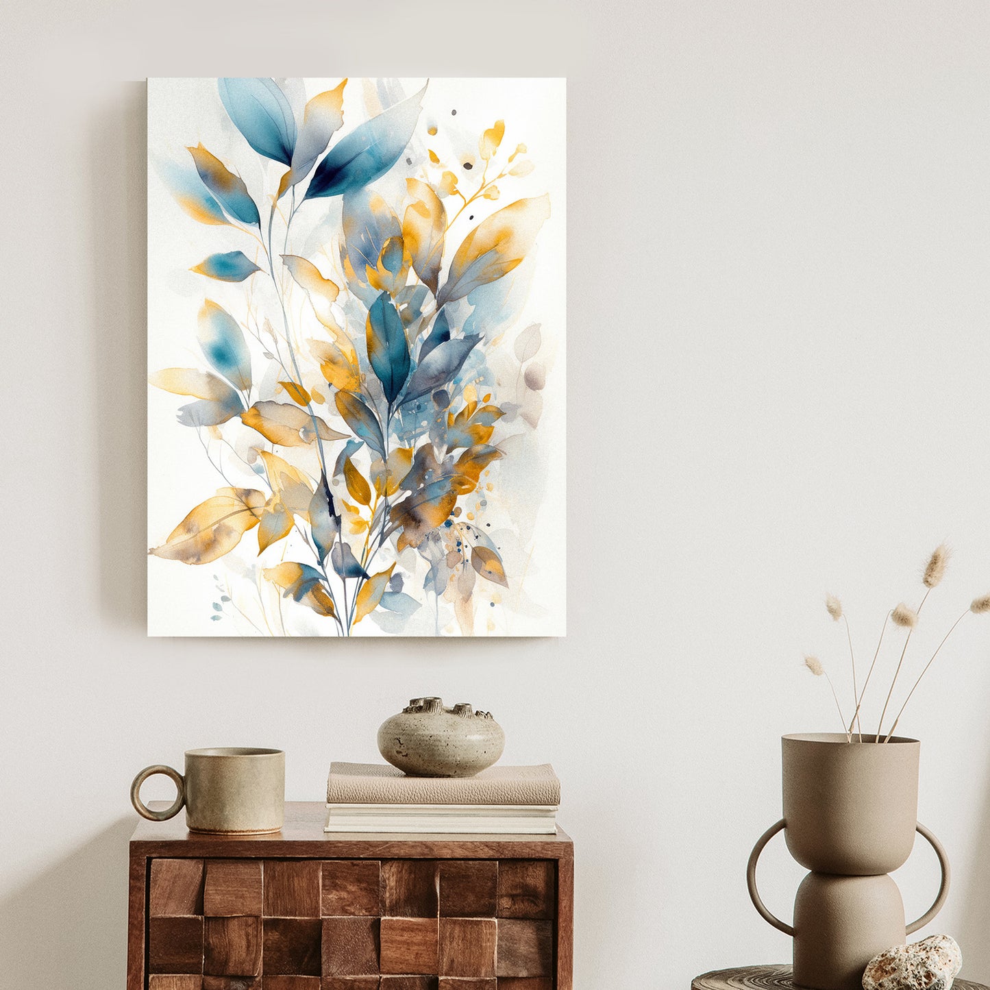 Poster Wunderschöne Transparente Goldblaue Blätter Rahmen Holz Mit Passepartout Farbe Natürlich