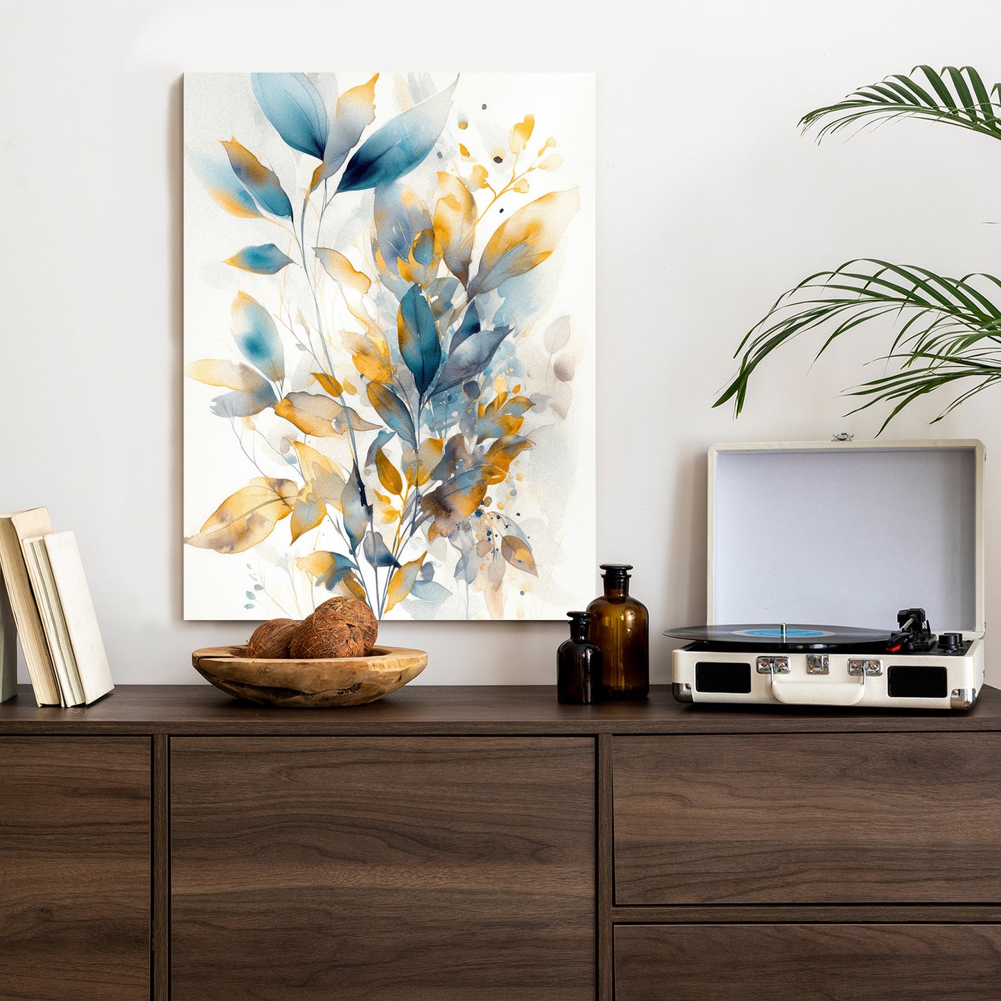 Poster Wunderschöne Transparente Goldblaue Blätter Rahmen Holz Mit Passepartout Farbe Natürlich