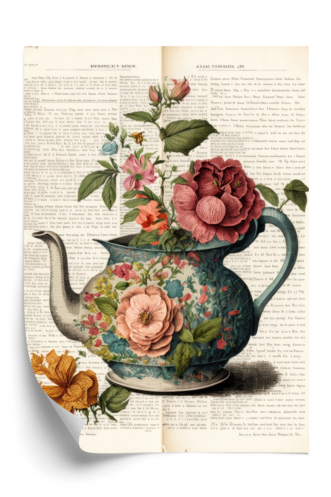 Poster Wasserkocher Mit Blumen Und Alter Zeitung Rahmen Holz Mit Passepartout Farbe Natürlich