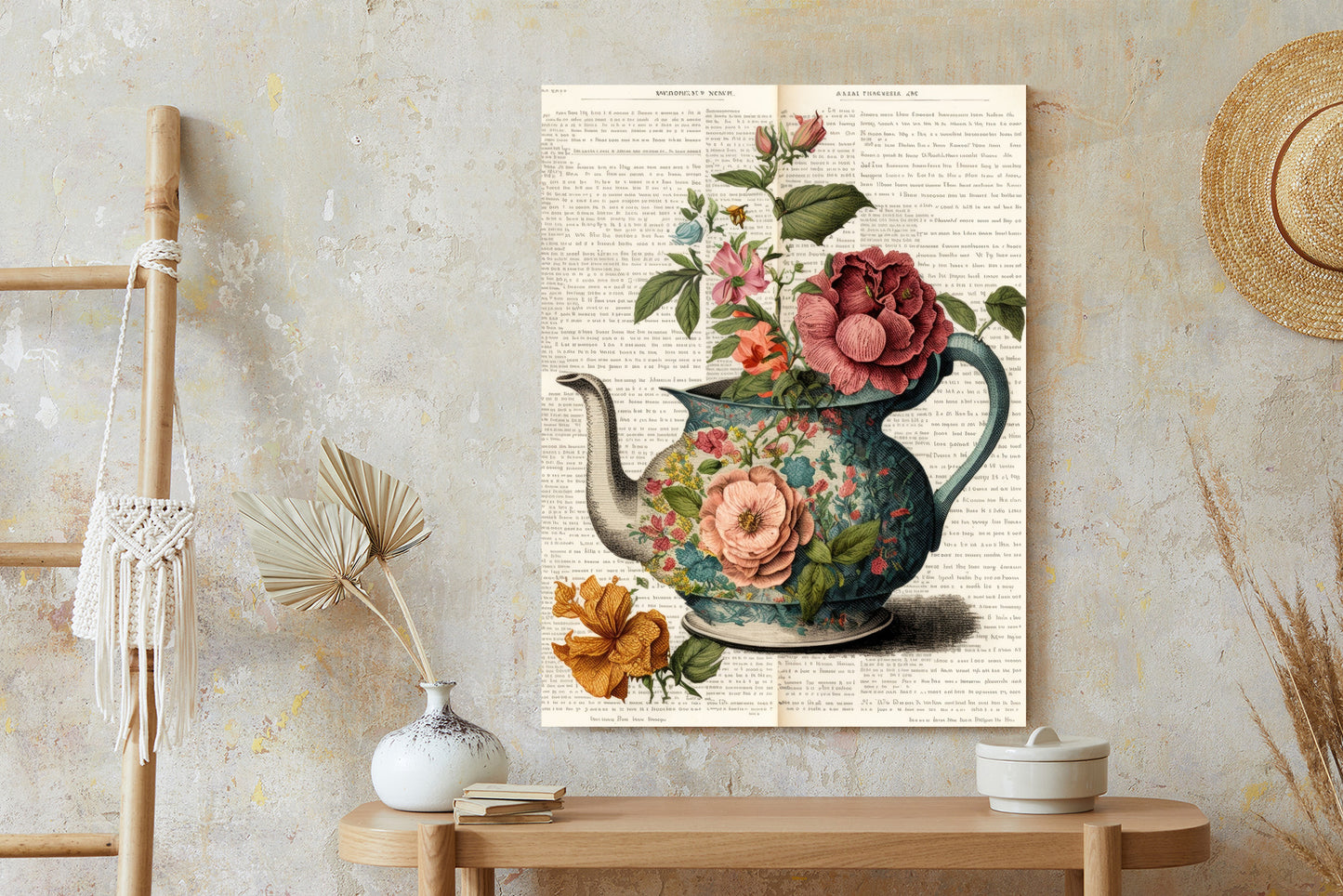 Poster Wasserkocher Mit Blumen Und Alter Zeitung Rahmen Holz Mit Passepartout Farbe Natürlich