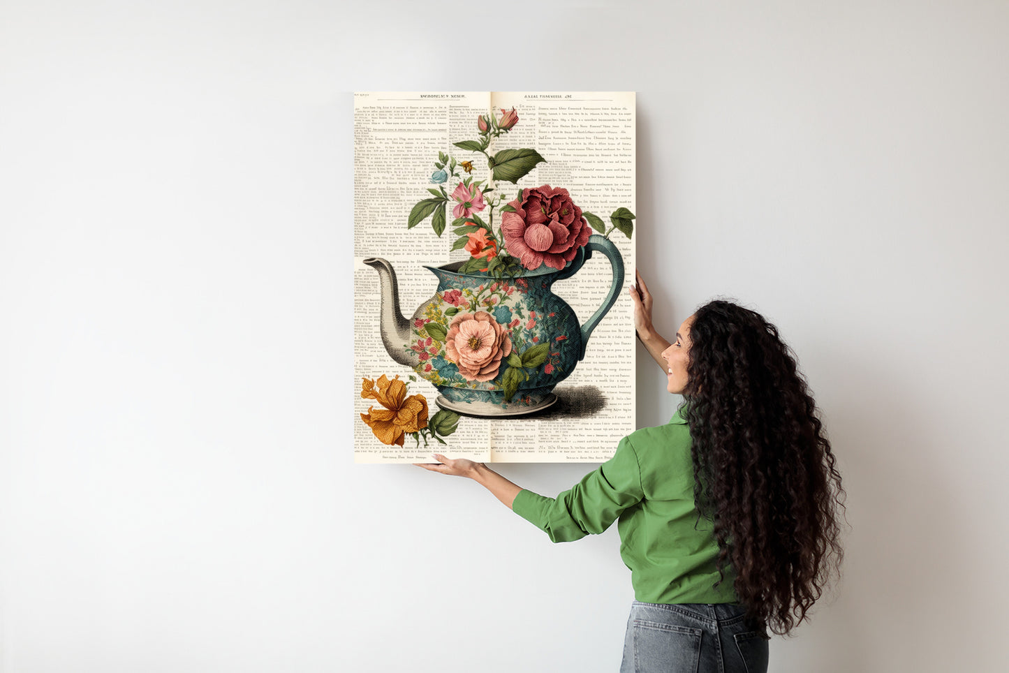 Poster Wasserkocher Mit Blumen Und Alter Zeitung Rahmen Holz Mit Passepartout Farbe Natürlich