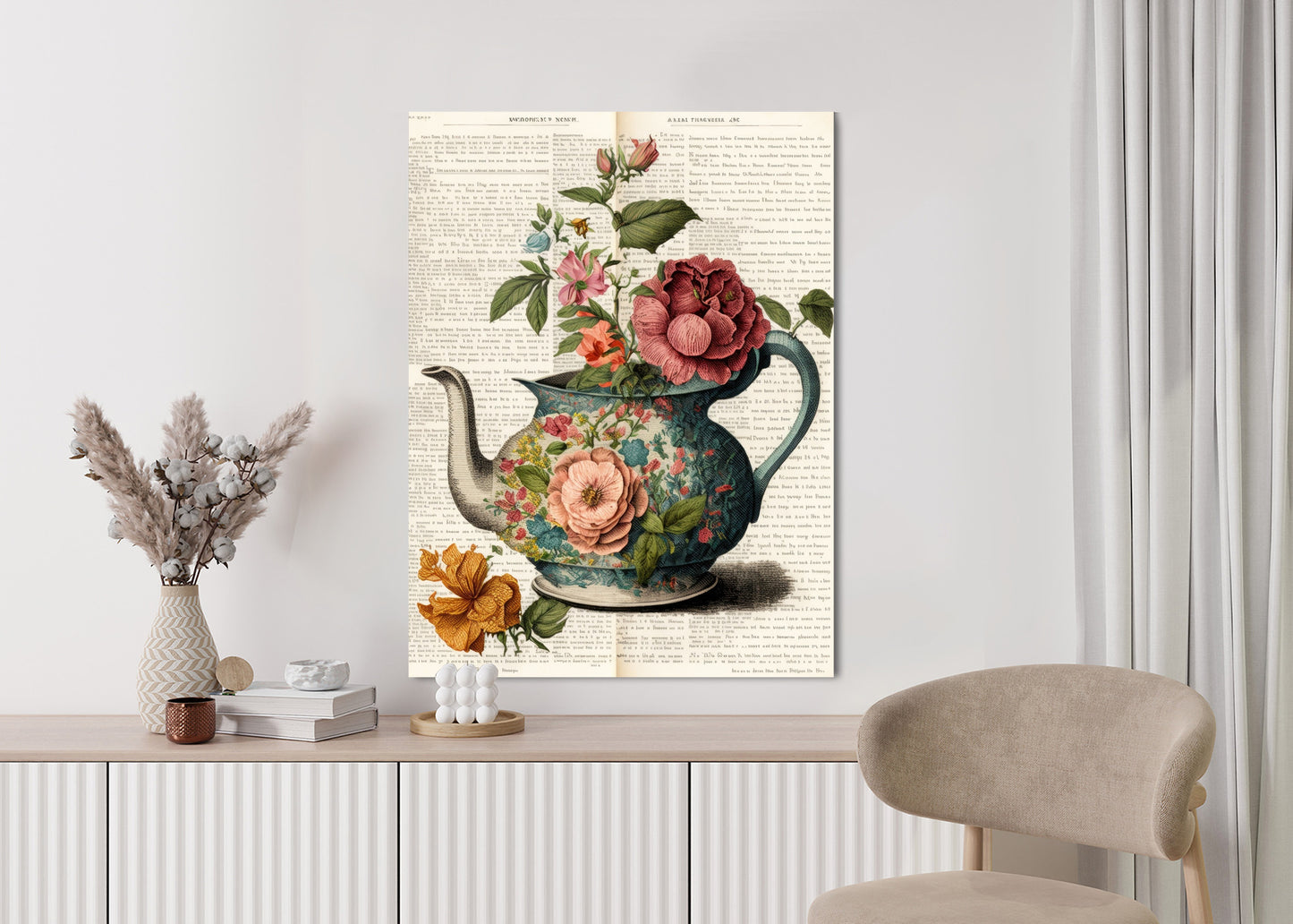 Poster Wasserkocher Mit Blumen Und Alter Zeitung Rahmen Holz Mit Passepartout Farbe Natürlich