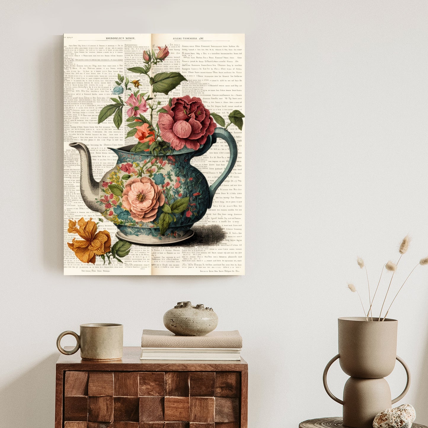 Poster Wasserkocher Mit Blumen Und Alter Zeitung Rahmen Holz Mit Passepartout Farbe Natürlich