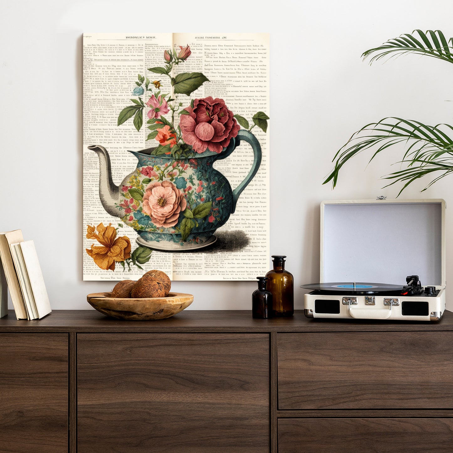 Poster Wasserkocher Mit Blumen Und Alter Zeitung Rahmen Holz Mit Passepartout Farbe Natürlich
