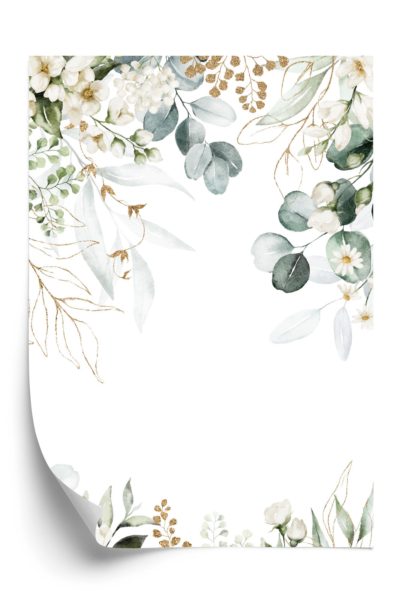 Poster Aquarell Aus Eukalyptusblättern Und Weißen Blüten Rahmen Holz Mit Passepartout Farbe Natürlich