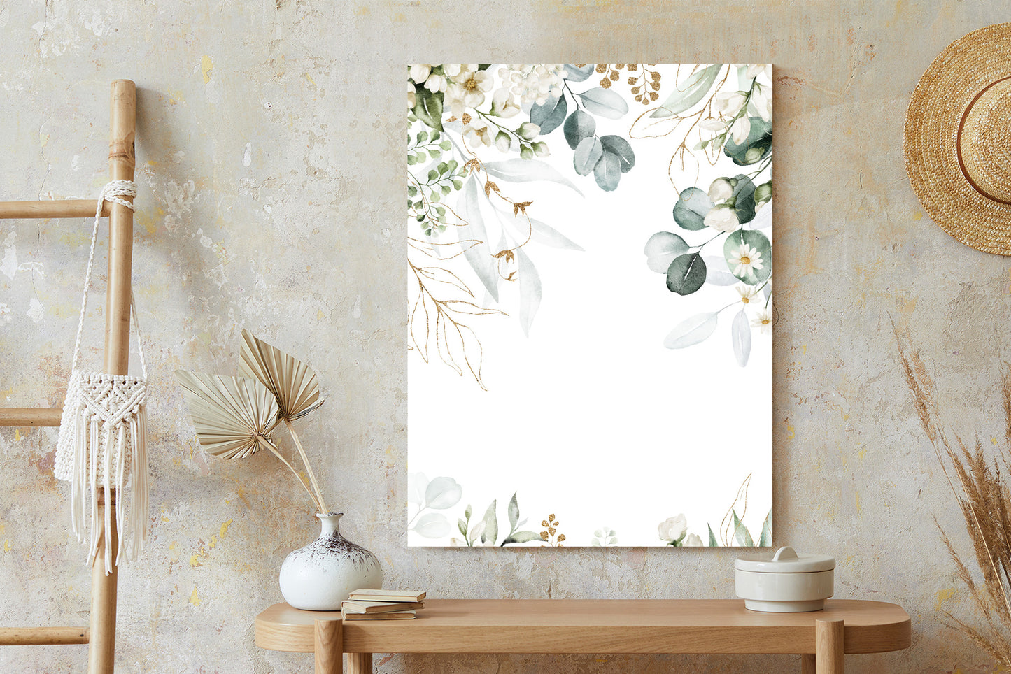Poster Aquarell Aus Eukalyptusblättern Und Weißen Blüten Rahmen Holz Mit Passepartout Farbe Natürlich