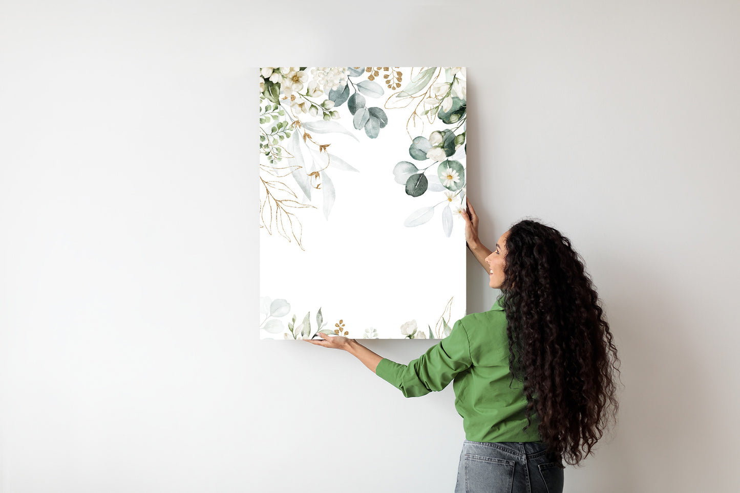 Poster Aquarell Aus Eukalyptusblättern Und Weißen Blüten Rahmen Holz Mit Passepartout Farbe Natürlich