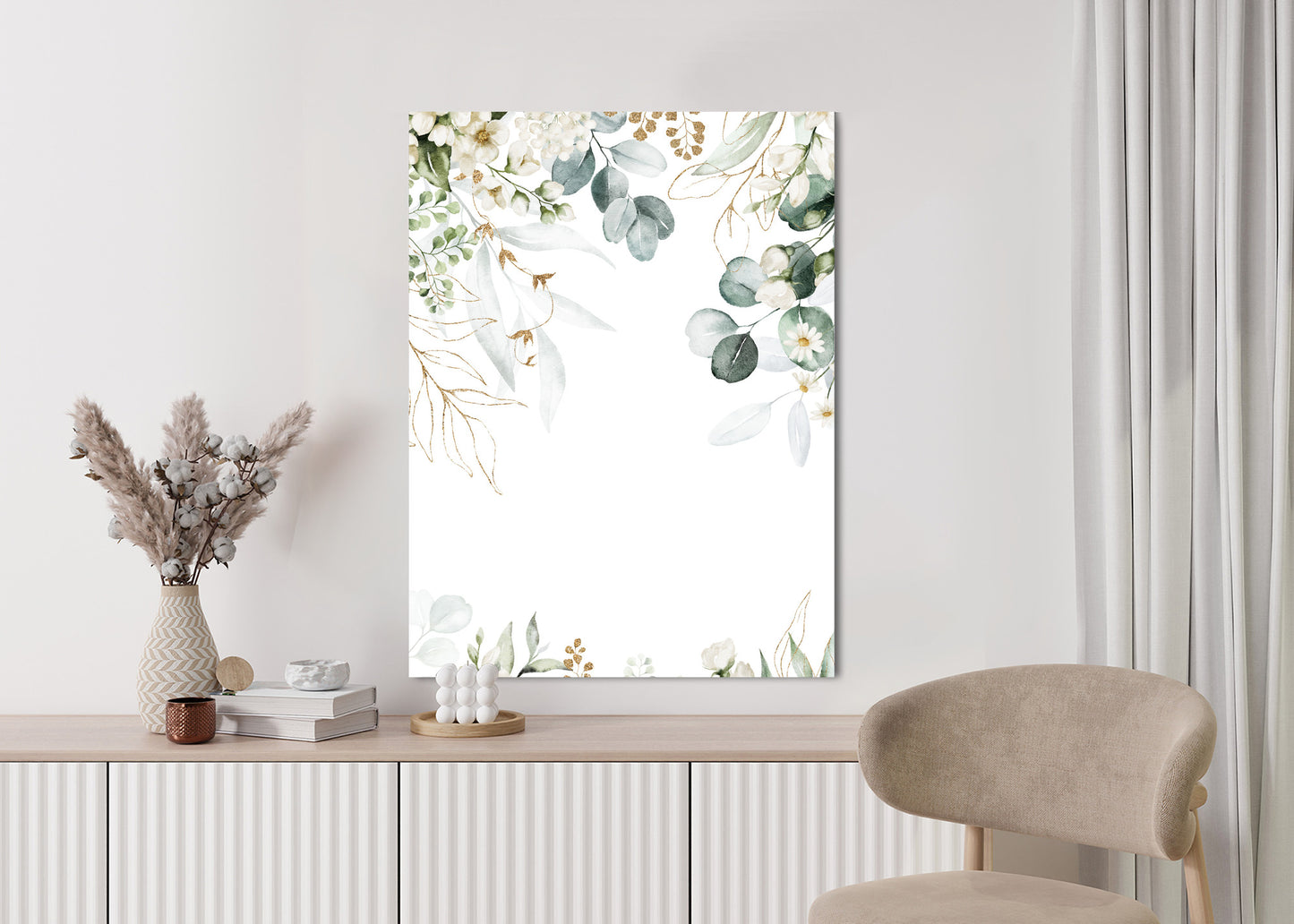 Poster Aquarell Aus Eukalyptusblättern Und Weißen Blüten Rahmen Holz Mit Passepartout Farbe Natürlich