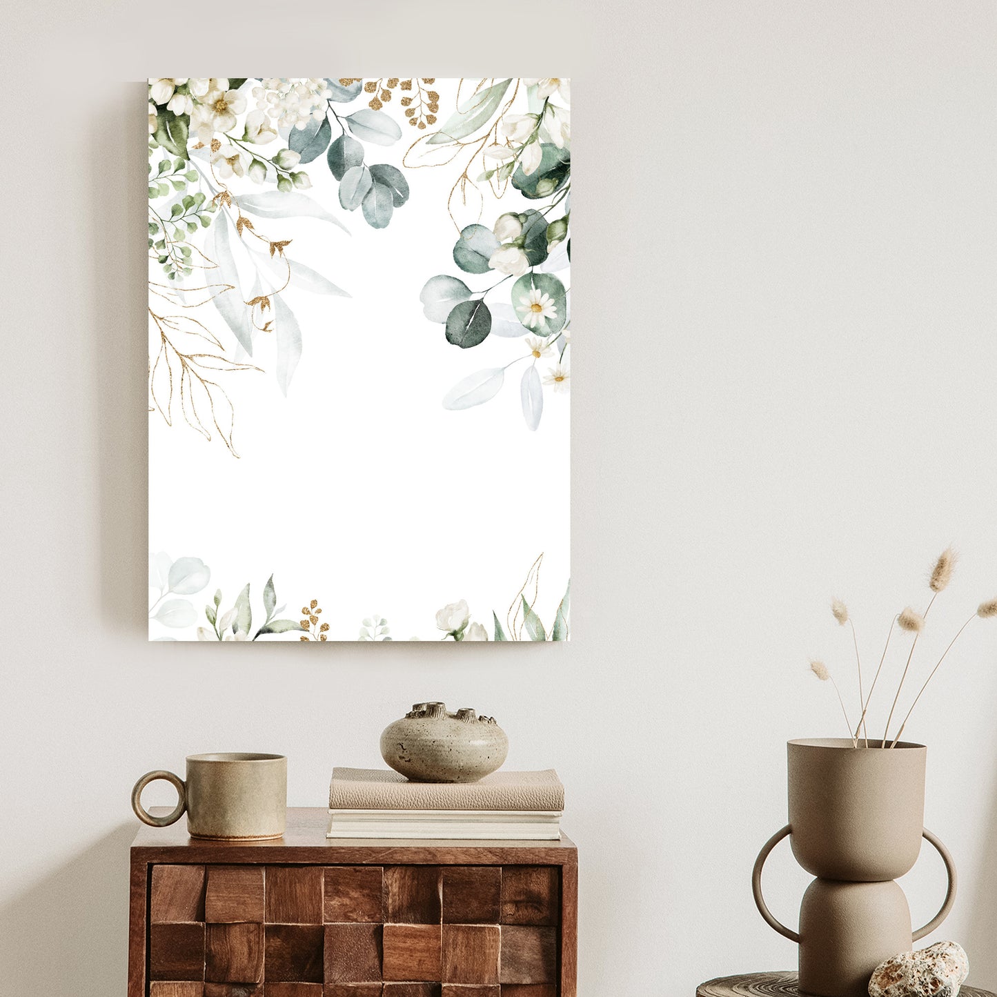 Poster Aquarell Aus Eukalyptusblättern Und Weißen Blüten Rahmen Holz Mit Passepartout Farbe Natürlich