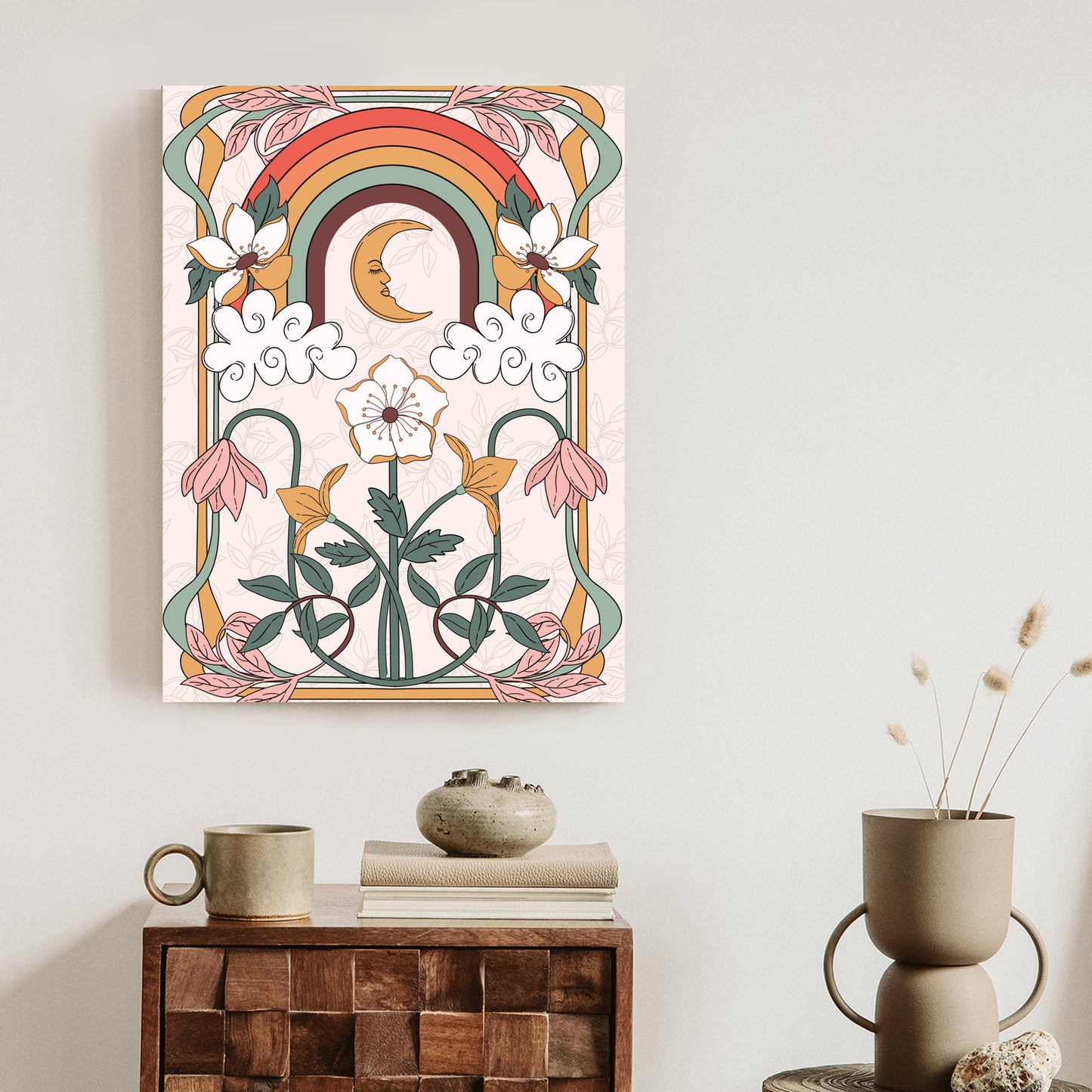 Poster Abstrakte Und Moderne Grafiken Mit Ornamenten Und Pflanzen Rahmen Holz Mit Passepartout Farbe Natürlich
