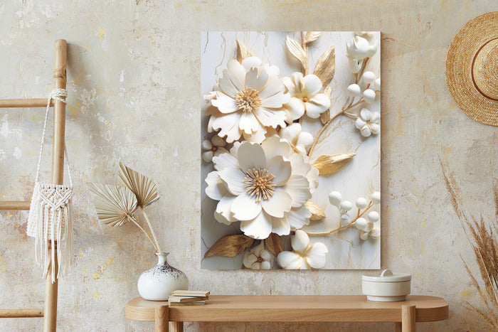Poster Weiße Blumen Auf Einem Holztisch Rahmen Hölzern Farbe Natürlich