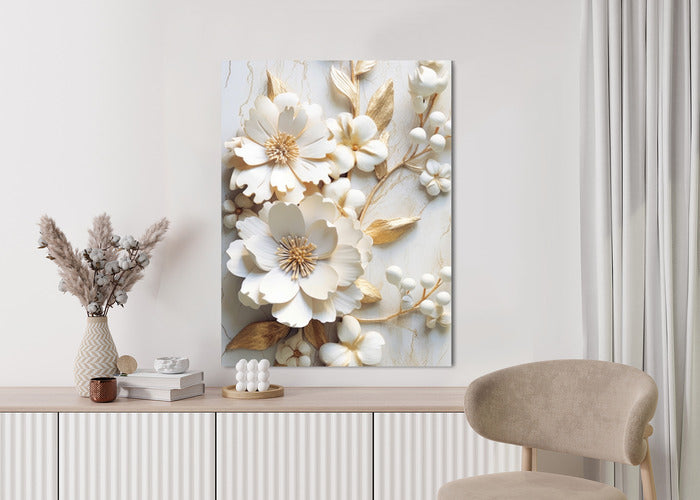 Poster Weiße Blumen Auf Einem Holztisch Rahmen Hölzern Farbe Natürlich